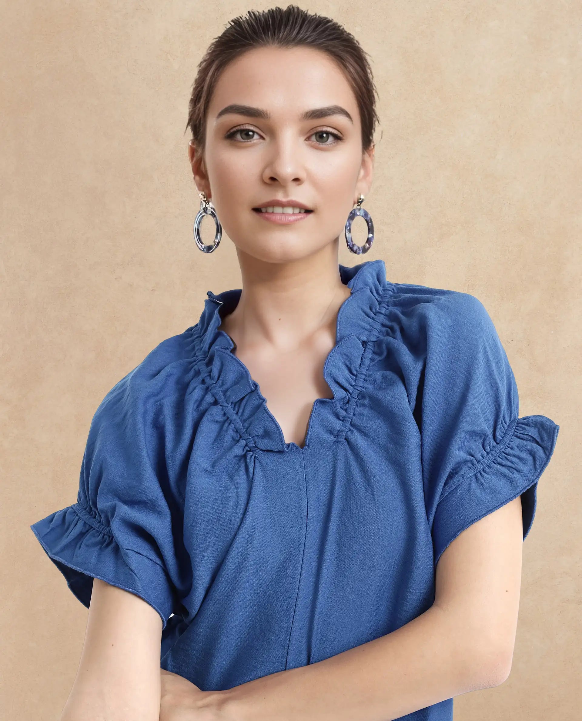 Rareism Women Tichi Blue Extended Sleeves V-Neck Plain Top