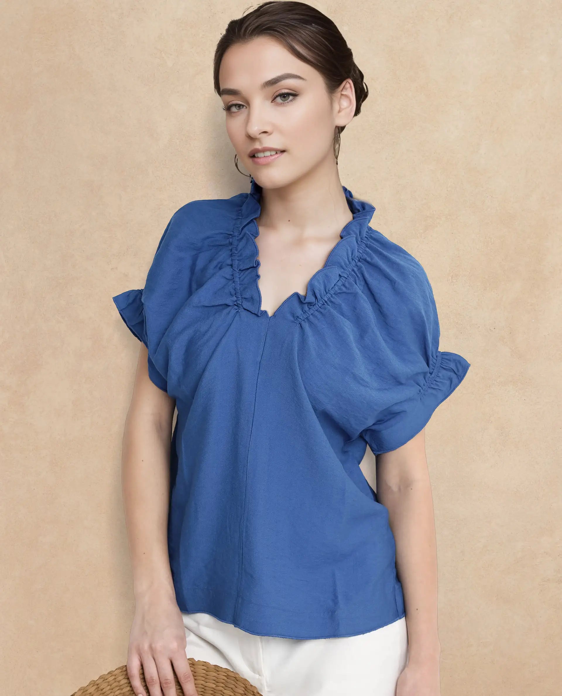 Rareism Women Tichi Blue Extended Sleeves V-Neck Plain Top
