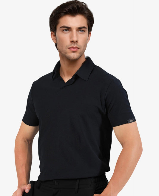 RARE RABBIT TENNA-2 PRIMARY BLACK POLO COTTON FABRIC SHORT SLEEVE POLO COLLAR SLIM FIT
