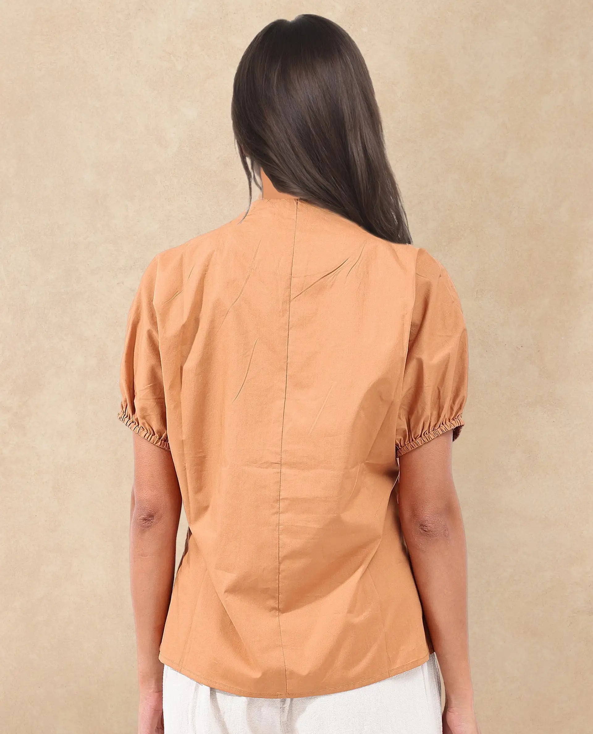 Rareism Women Titan Light Tan Cotton Fabric Halfsleeves V-Neck Solid Regular Fit Top