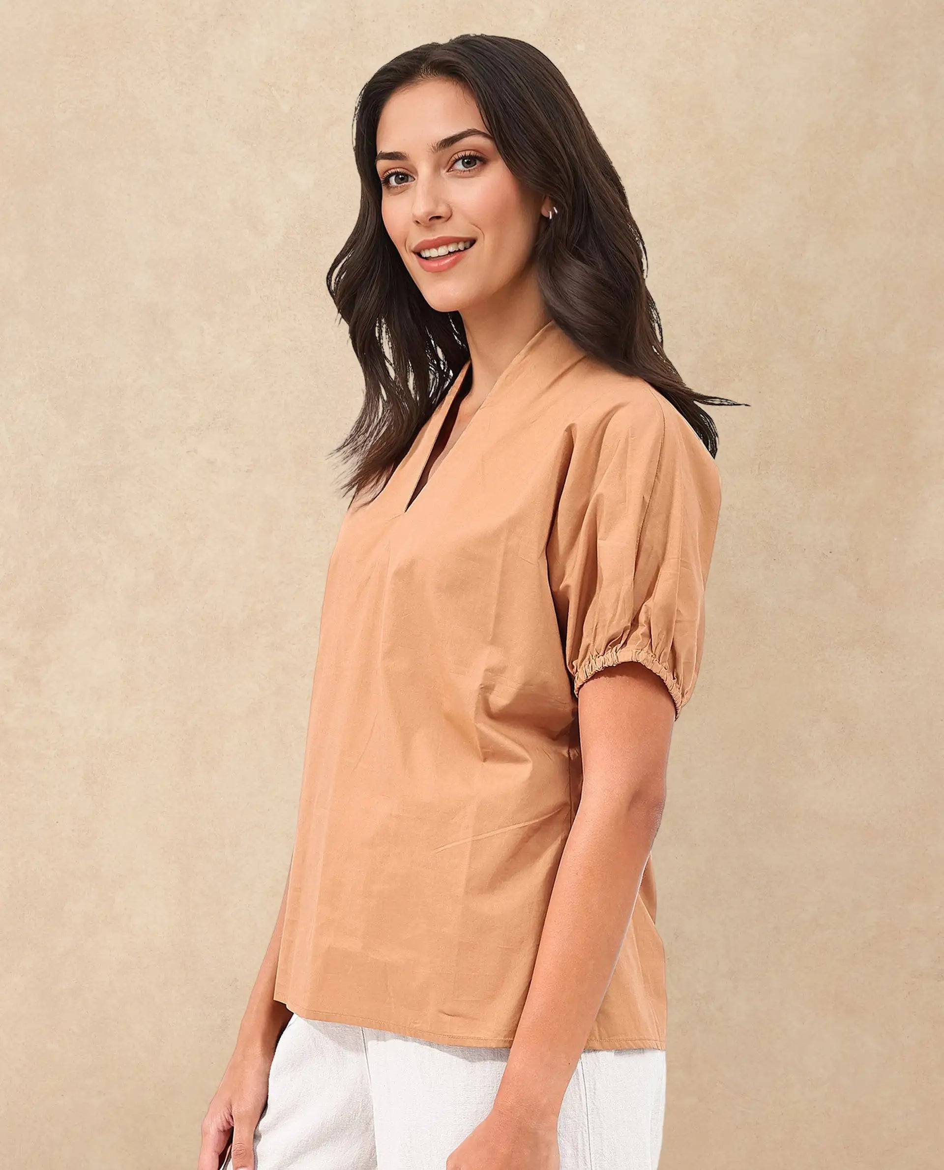 Rareism Women Titan Light Tan Cotton Fabric Halfsleeves V-Neck Solid Regular Fit Top