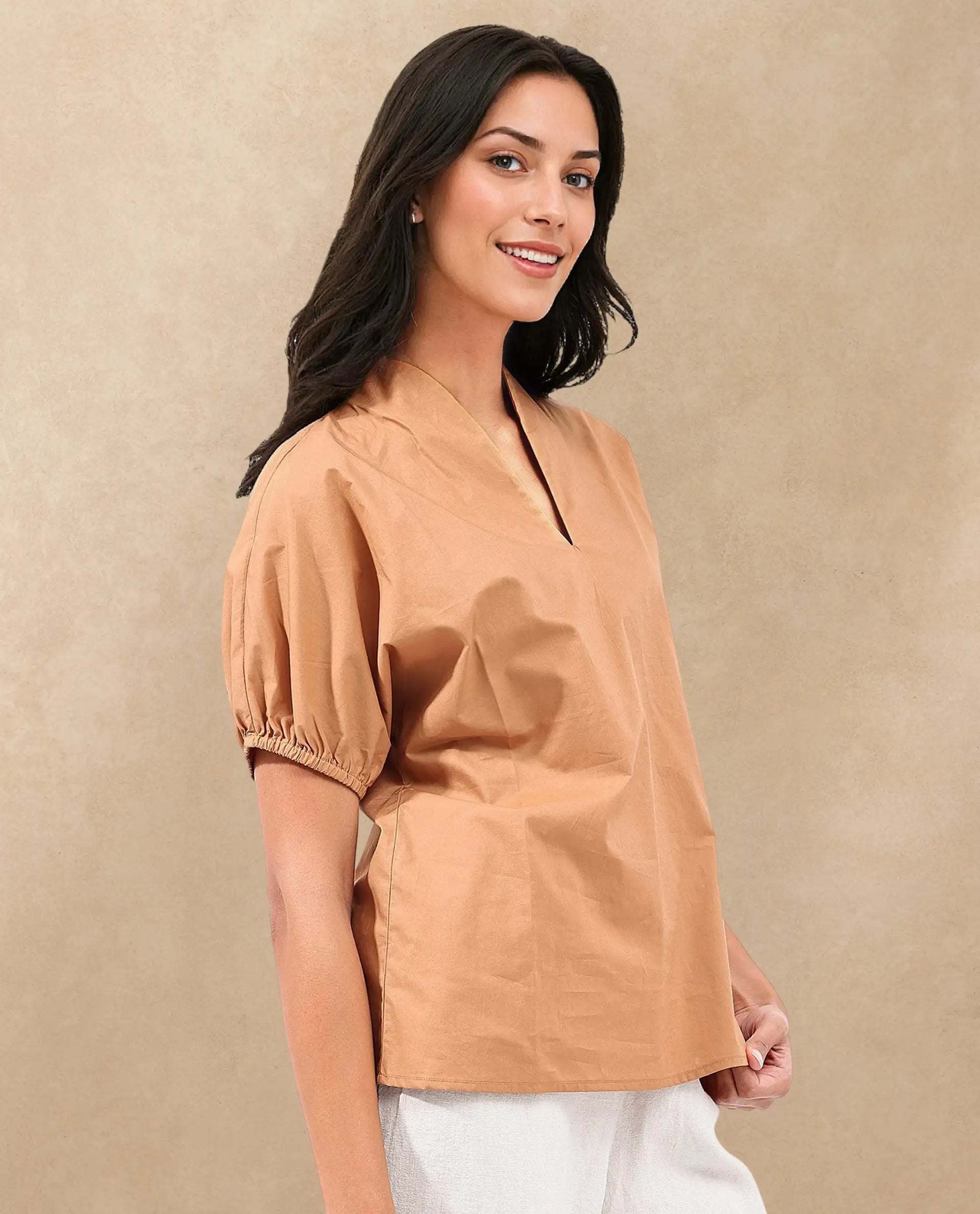 Rareism Women Titan Light Tan Cotton Fabric Halfsleeves V-Neck Solid Regular Fit Top