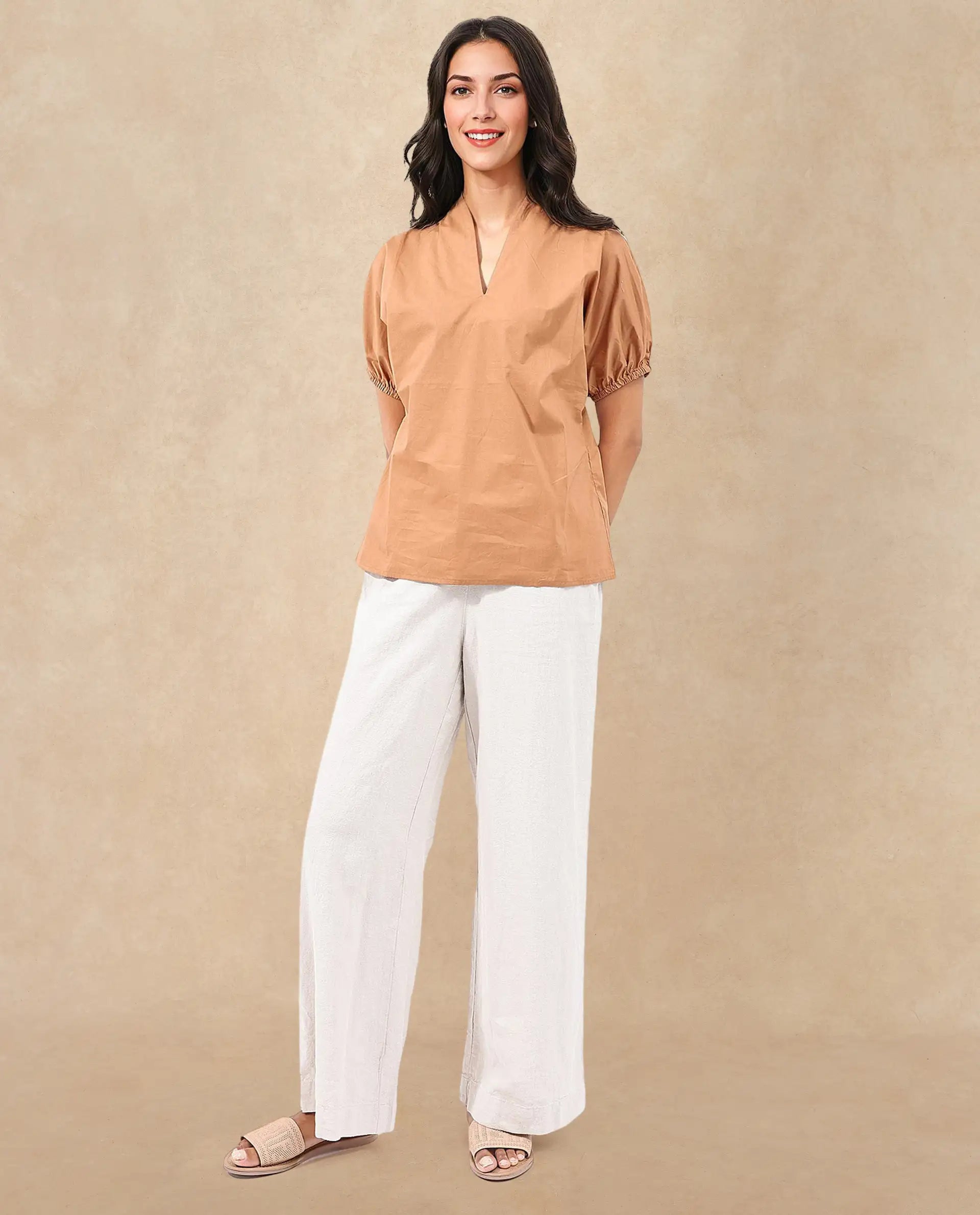 Rareism Women Titan Light Tan Cotton Fabric Halfsleeves V-Neck Solid Regular Fit Top