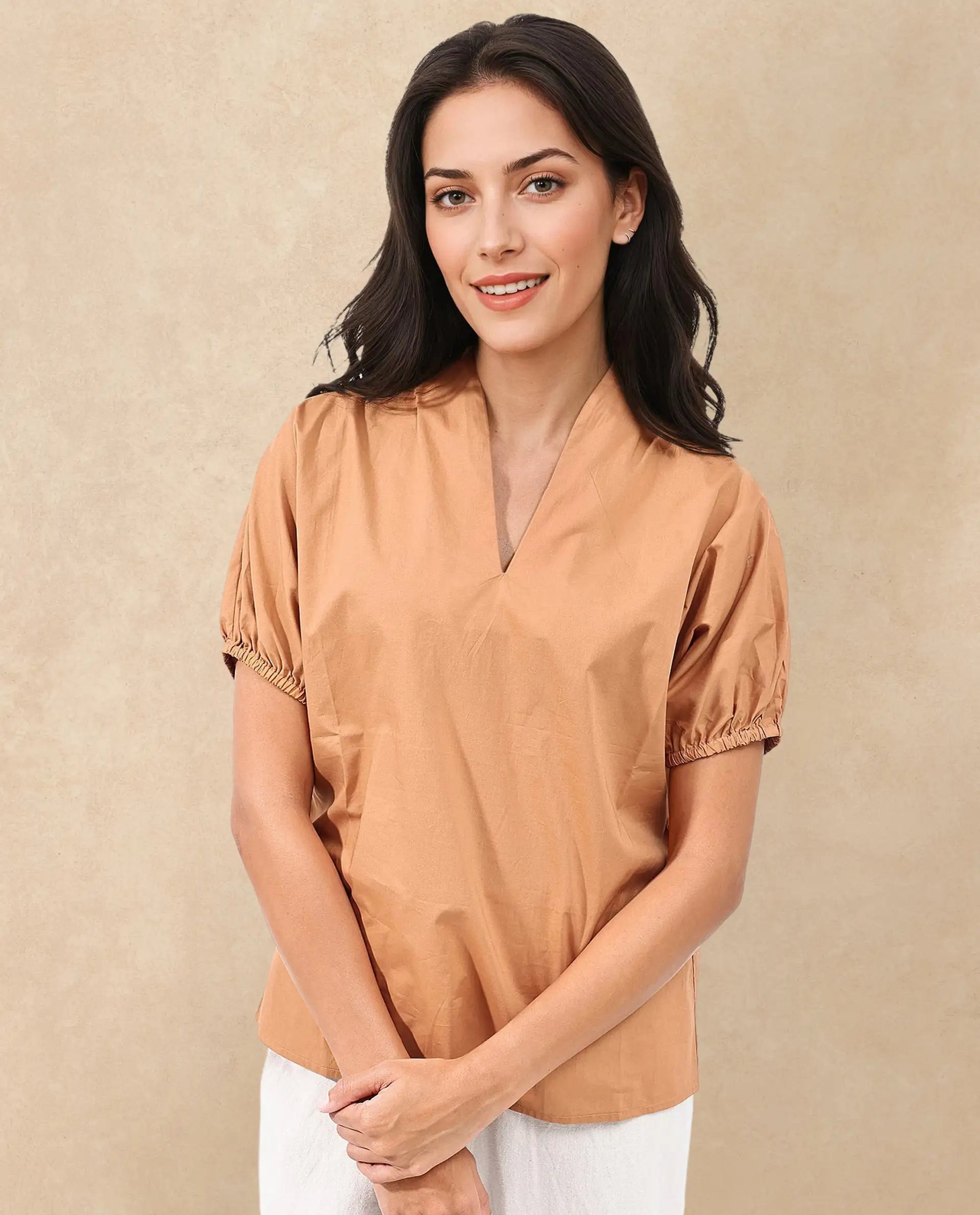 Rareism Women Titan Light Tan Cotton Fabric Halfsleeves V-Neck Solid Regular Fit Top