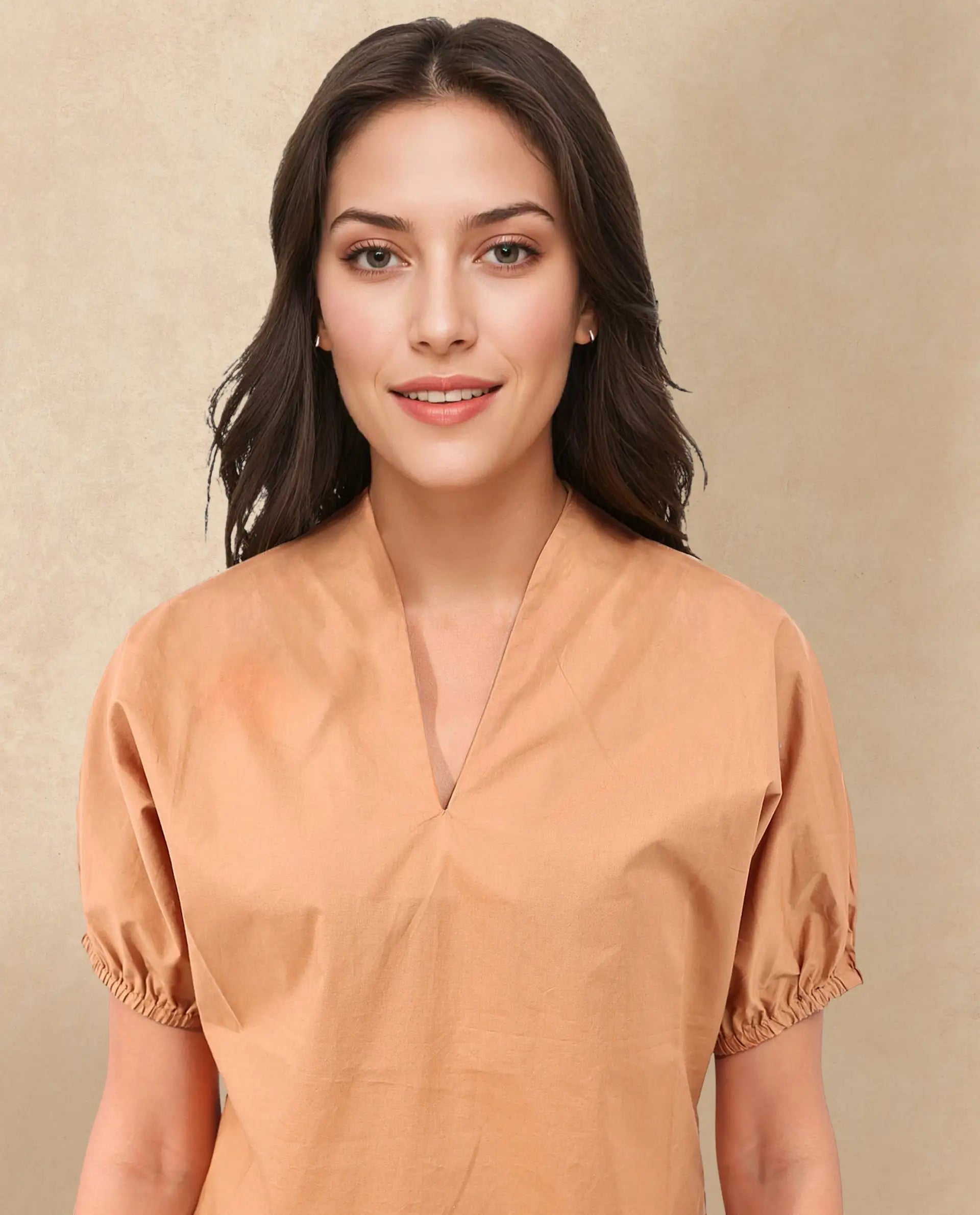 Rareism Women Titan Light Tan Cotton Fabric Halfsleeves V-Neck Solid Regular Fit Top