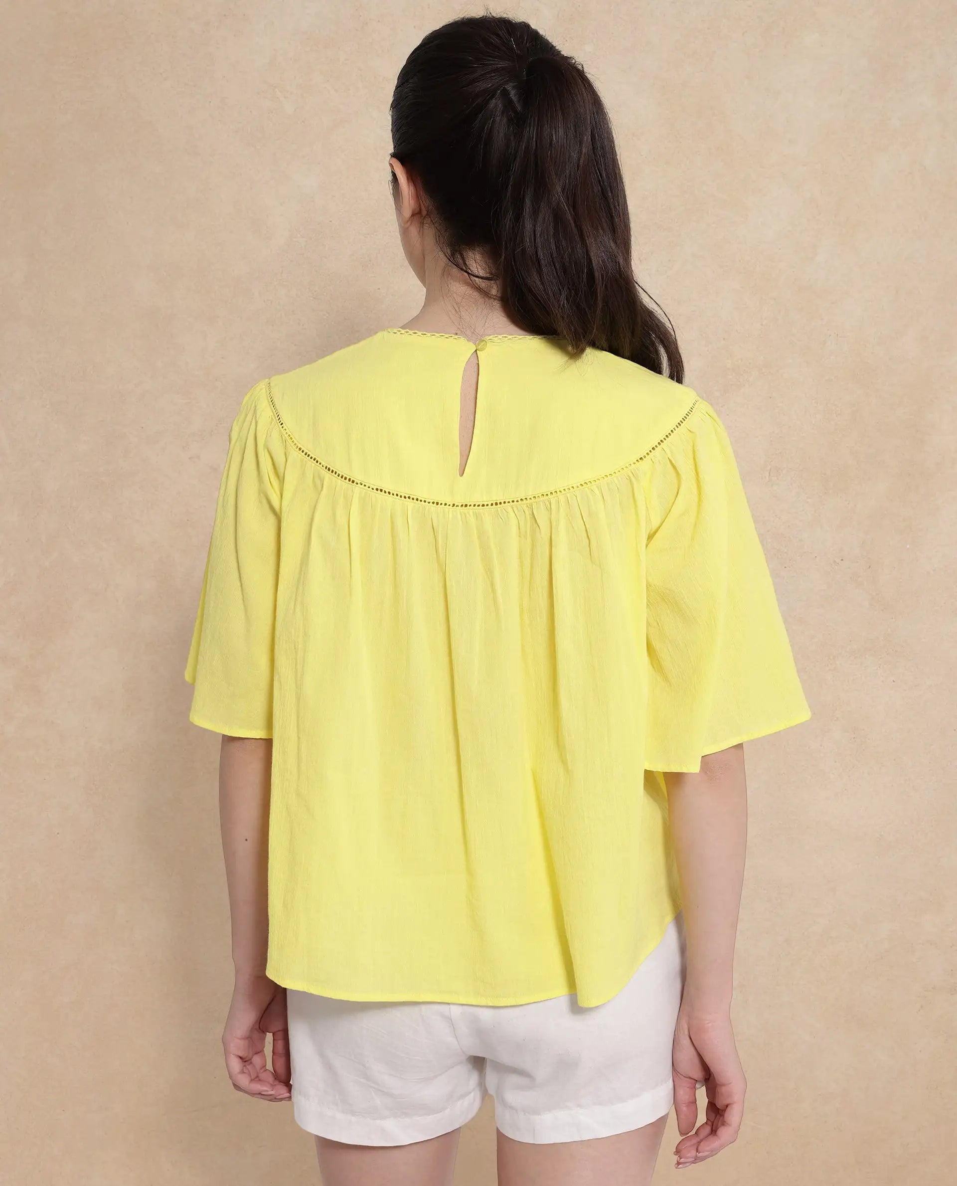 Rareism Women Tonala Yellow Button Closure Raglan Sleeves Crew Neck Relaxed Fit Plain Top