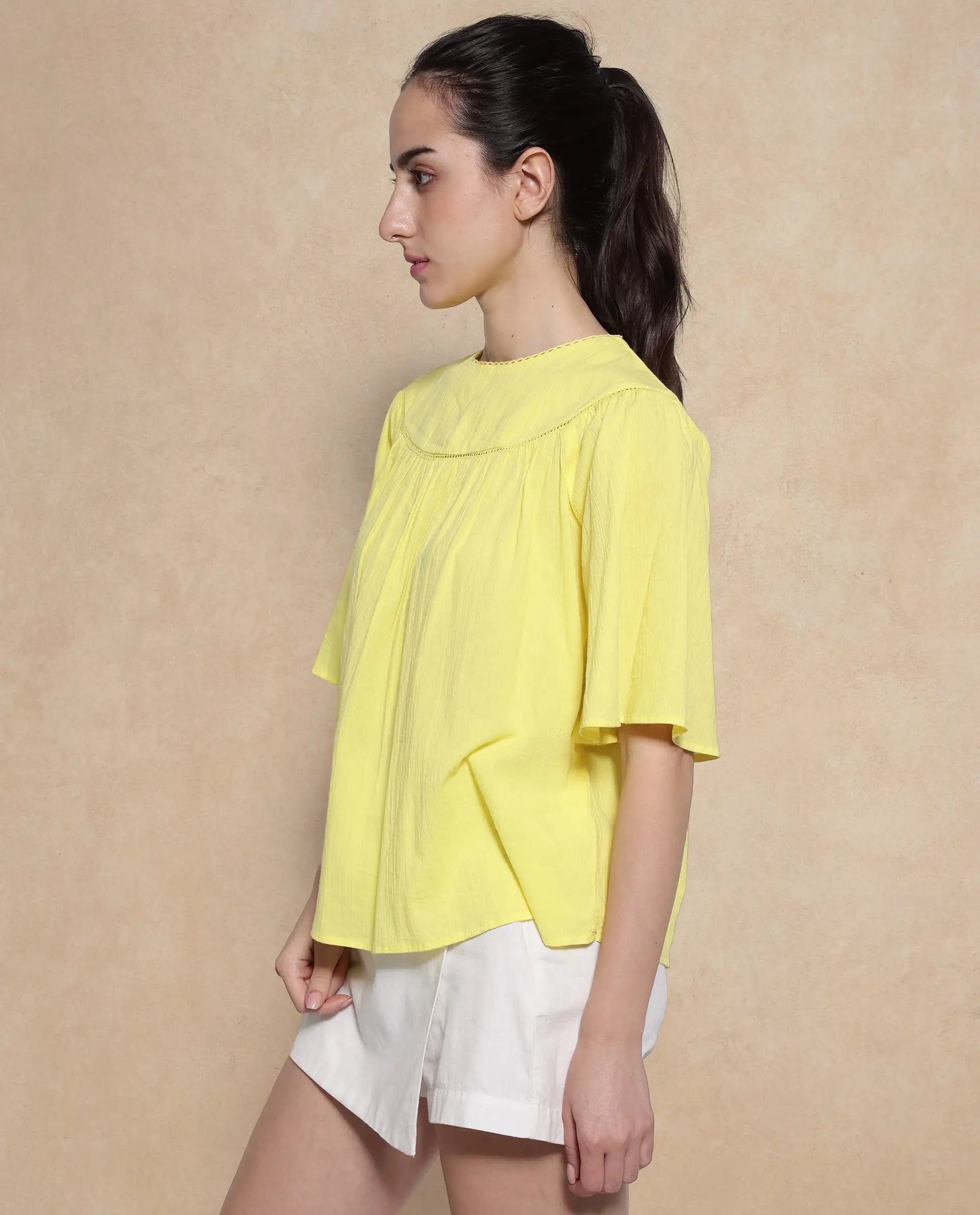 Rareism Women Tonala Yellow Button Closure Raglan Sleeves Crew Neck Relaxed Fit Plain Top