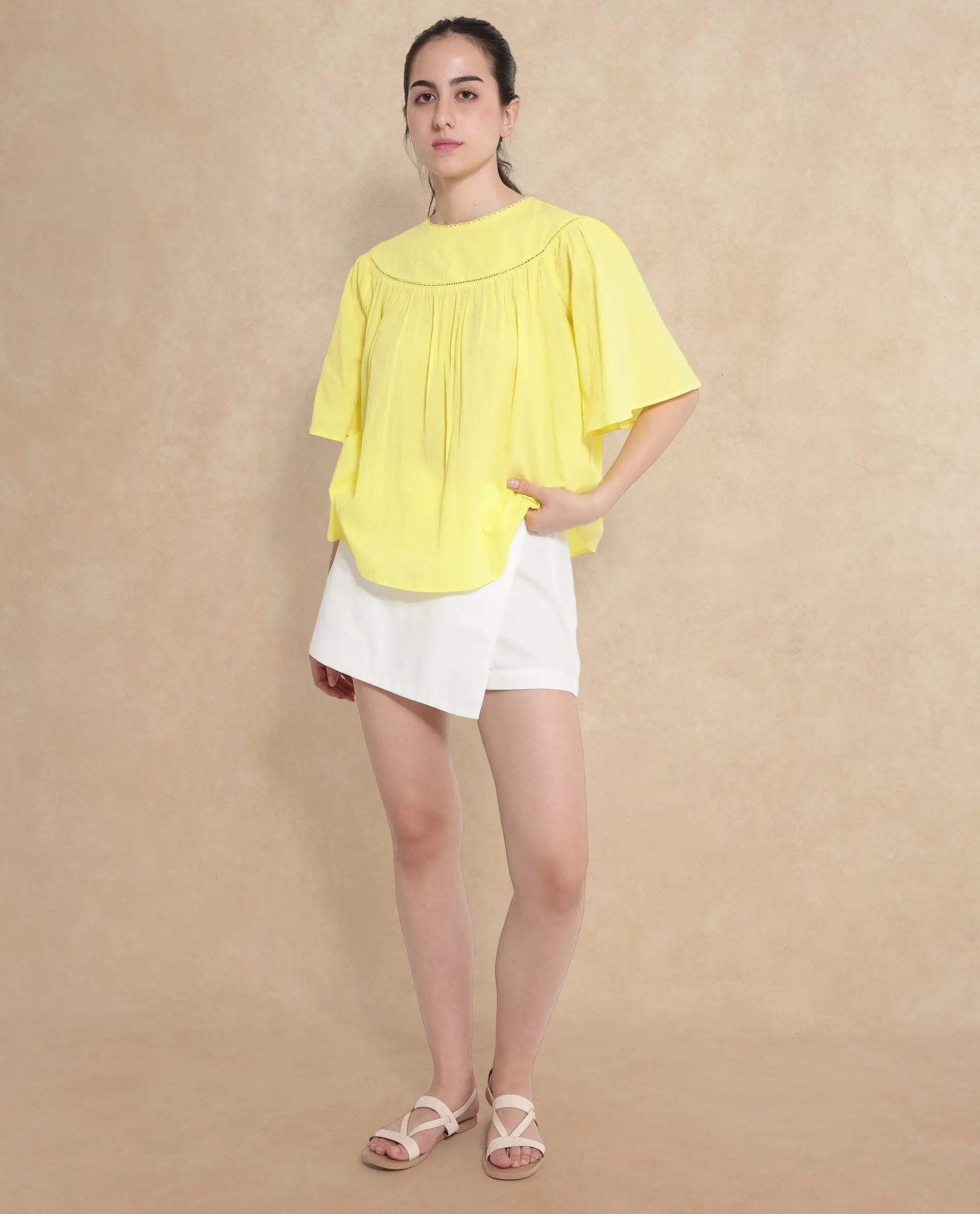 Rareism Women Tonala Yellow Button Closure Raglan Sleeves Crew Neck Relaxed Fit Plain Top