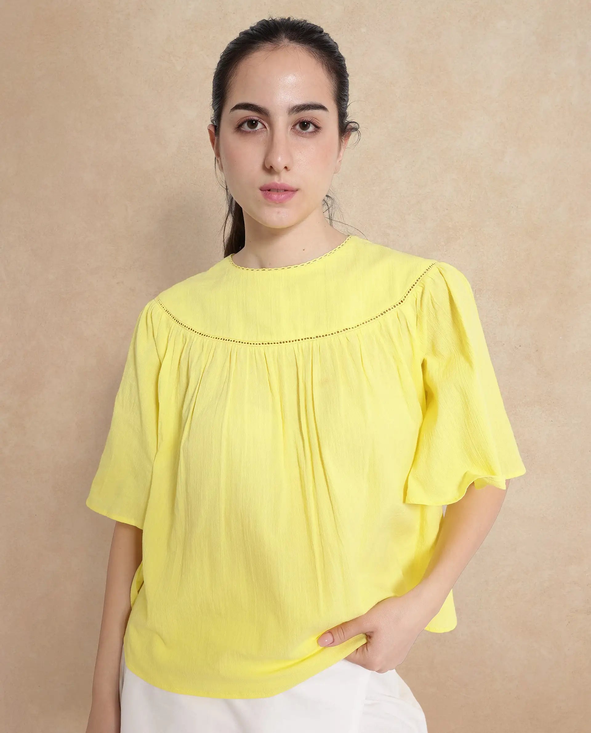 Rareism Women Tonala Yellow Button Closure Raglan Sleeves Crew Neck Relaxed Fit Plain Top