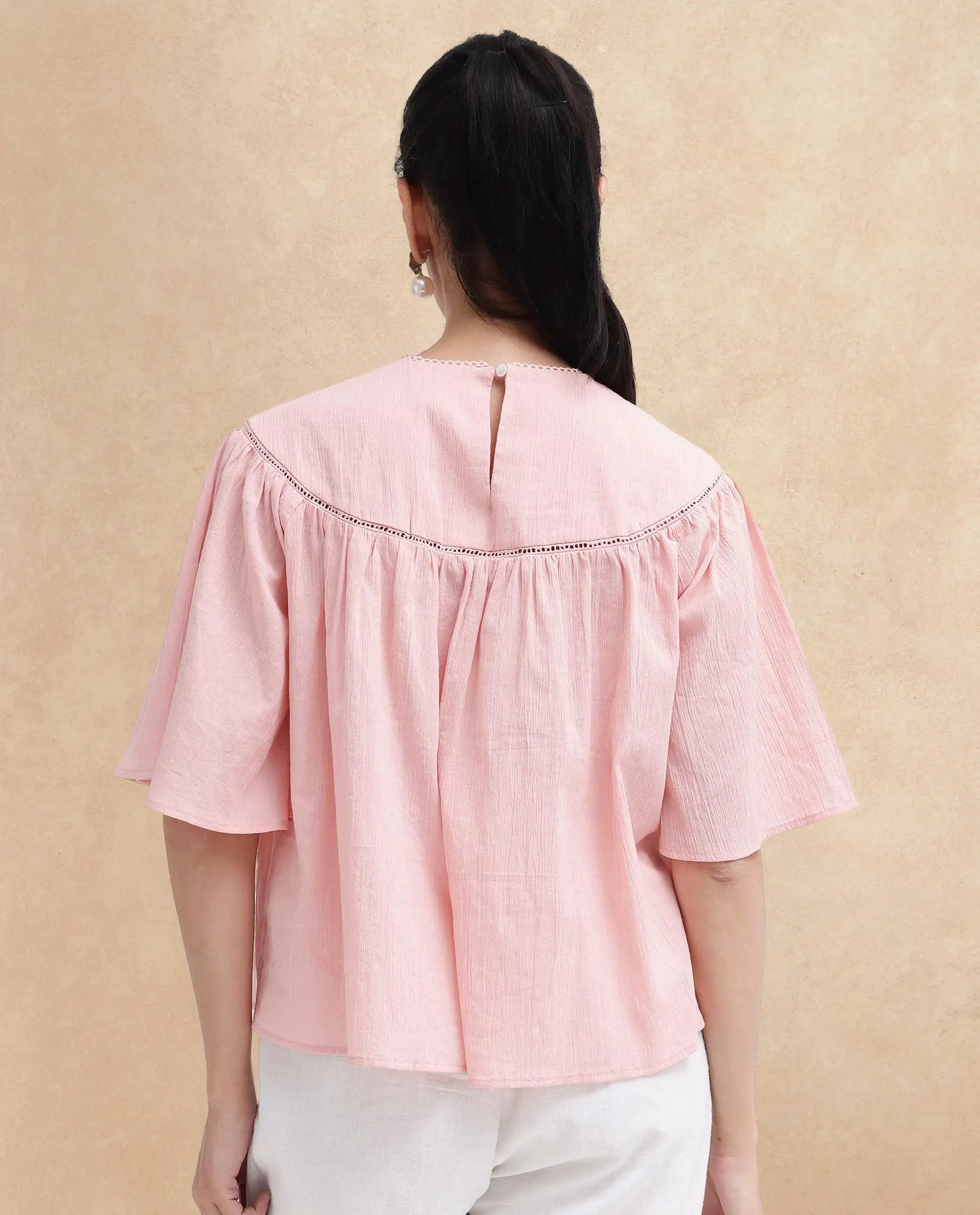 Rareism Women Tonala Light Pink Button Closure Raglan Sleeves Crew Neck Relaxed Fit Plain Top