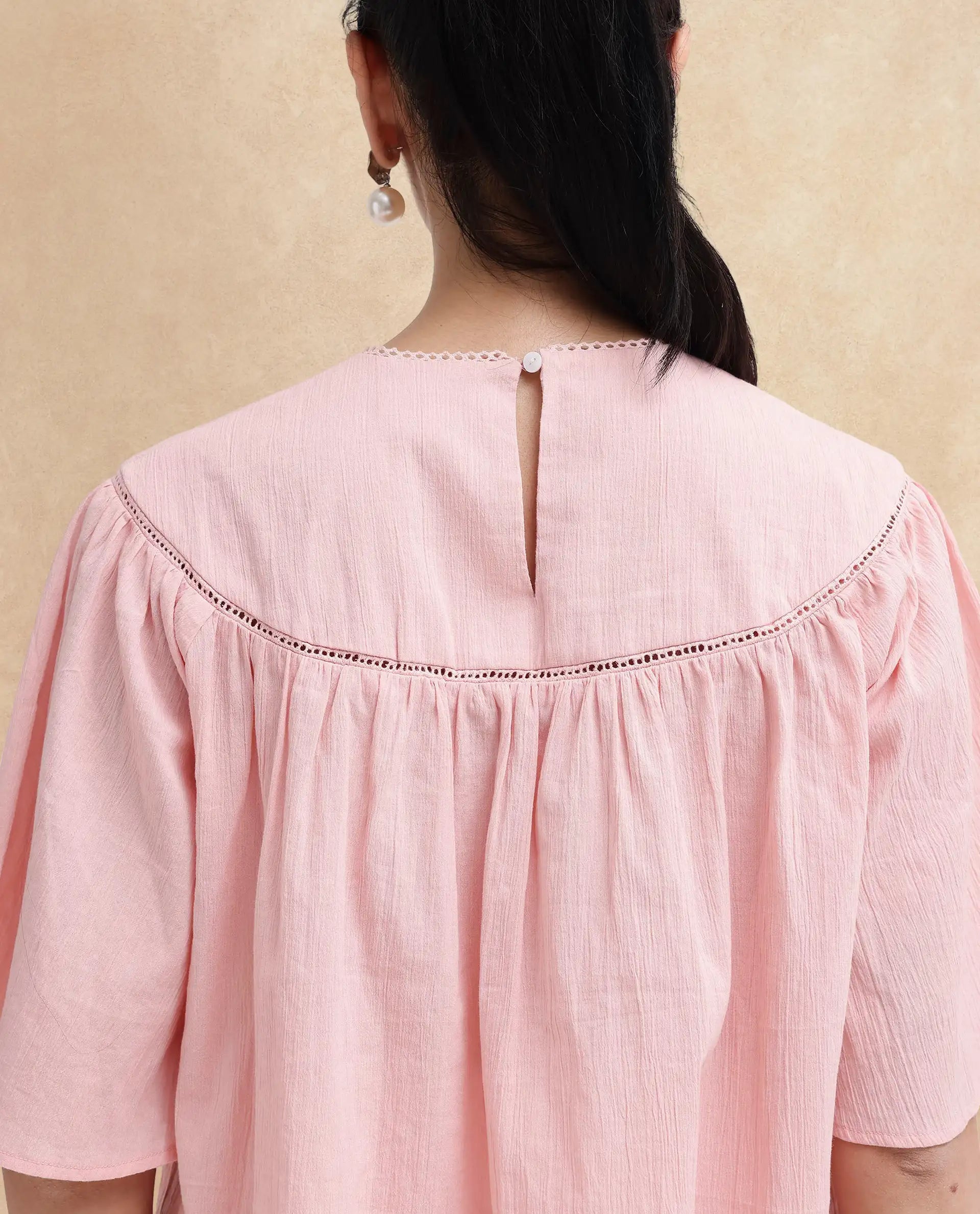 Rareism Women Tonala Light Pink Button Closure Raglan Sleeves Crew Neck Relaxed Fit Plain Top