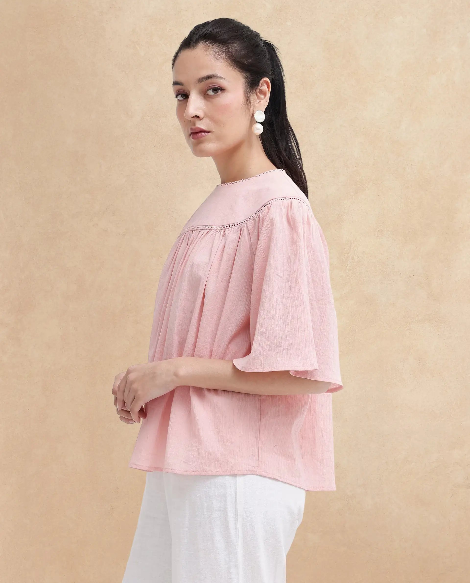Rareism Women Tonala Light Pink Button Closure Raglan Sleeves Crew Neck Relaxed Fit Plain Top