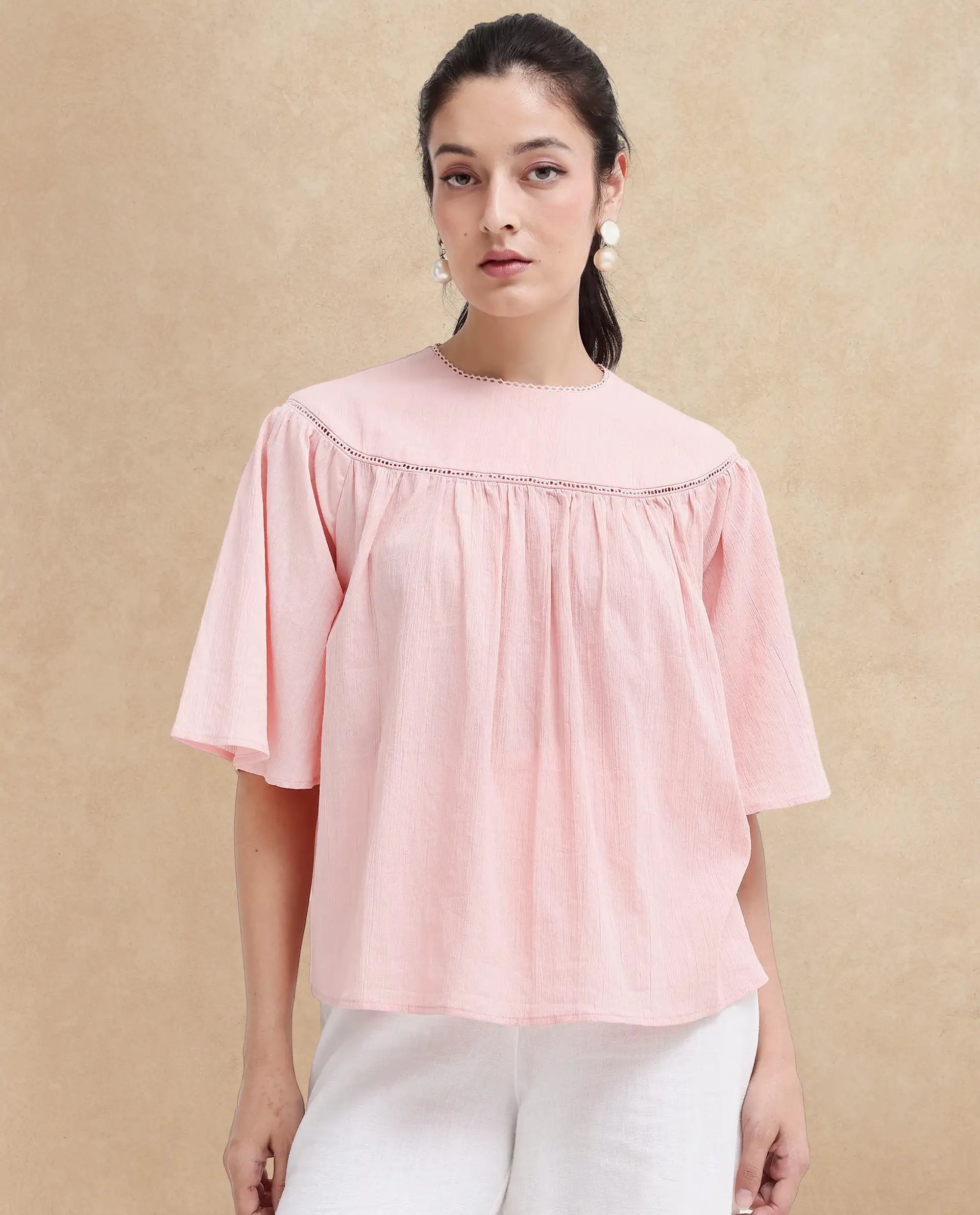 Rareism Women Tonala Light Pink Button Closure Raglan Sleeves Crew Neck Relaxed Fit Plain Top