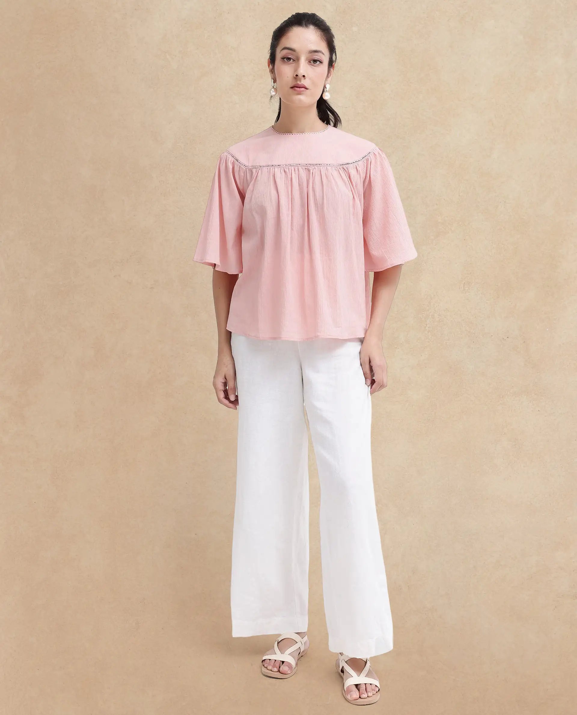 Rareism Women Tonala Light Pink Button Closure Raglan Sleeves Crew Neck Relaxed Fit Plain Top