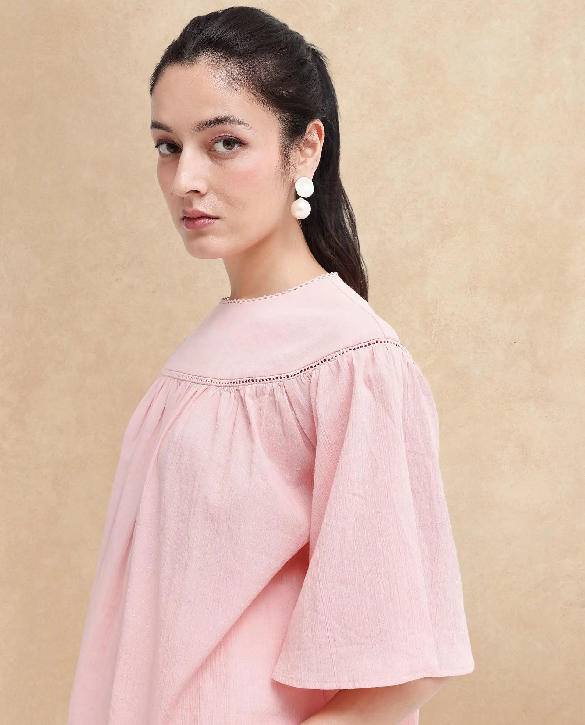 Rareism Women Tonala Light Pink Button Closure Raglan Sleeves Crew Neck Relaxed Fit Plain Top