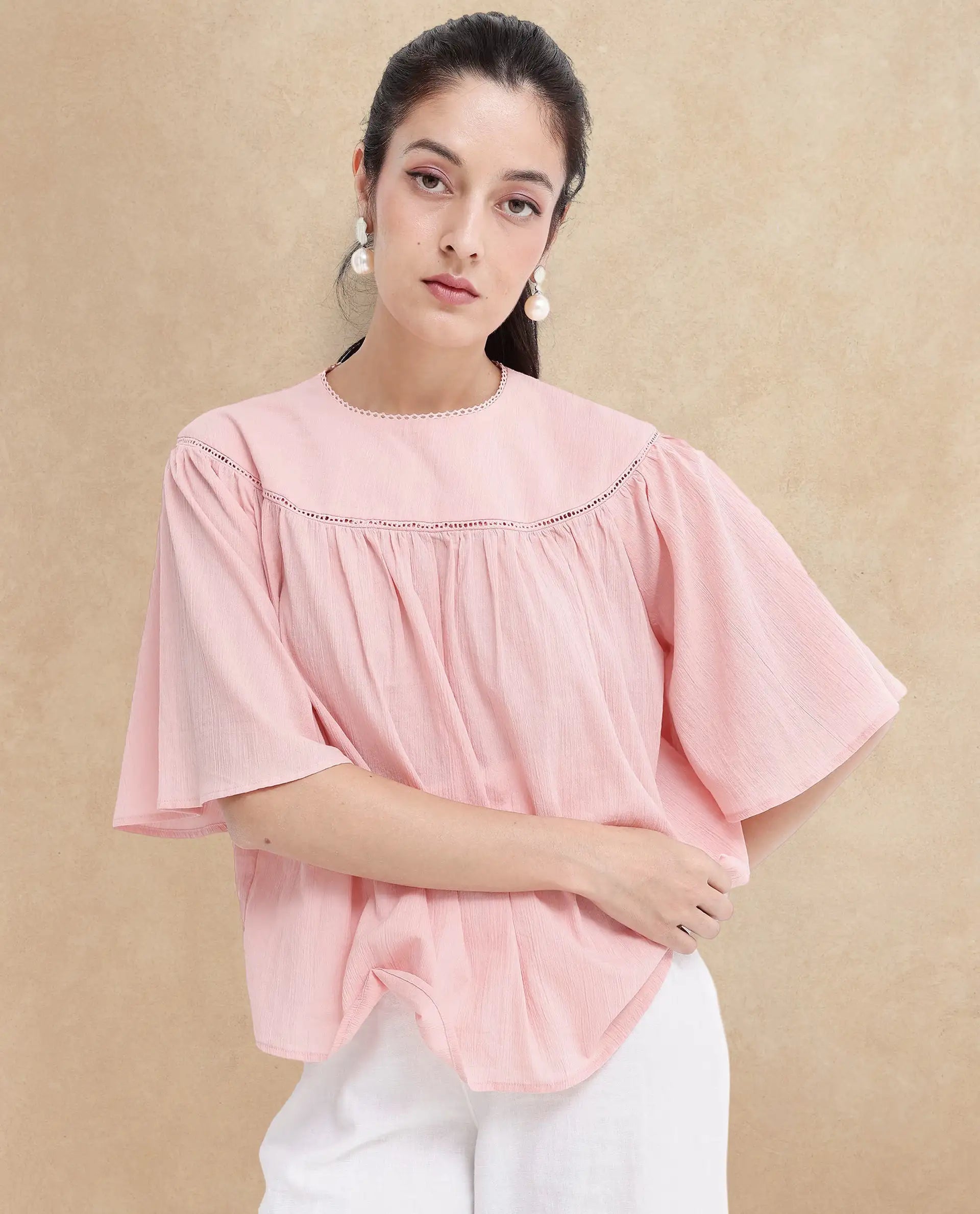 Rareism Women Tonala Light Pink Button Closure Raglan Sleeves Crew Neck Relaxed Fit Plain Top