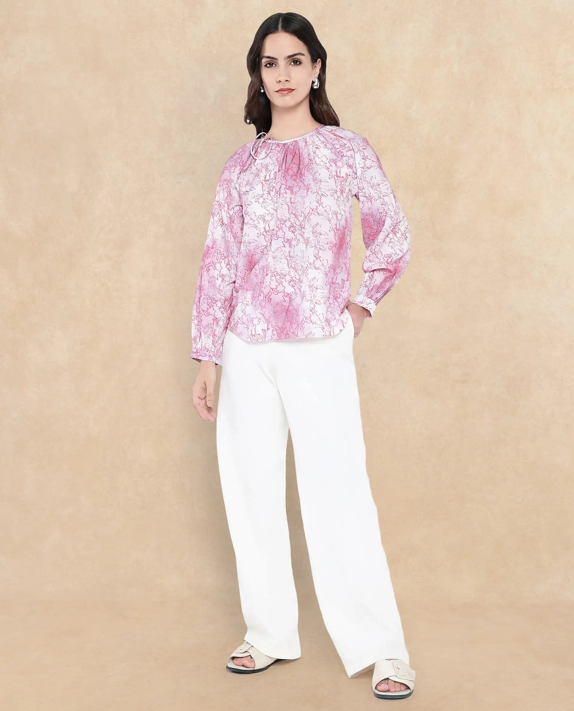 Rareism Women Torborg Grey Nylon Viscose Fabric Raglan Sleeves Boat Neck Tie Up Closure Abstract Print Top