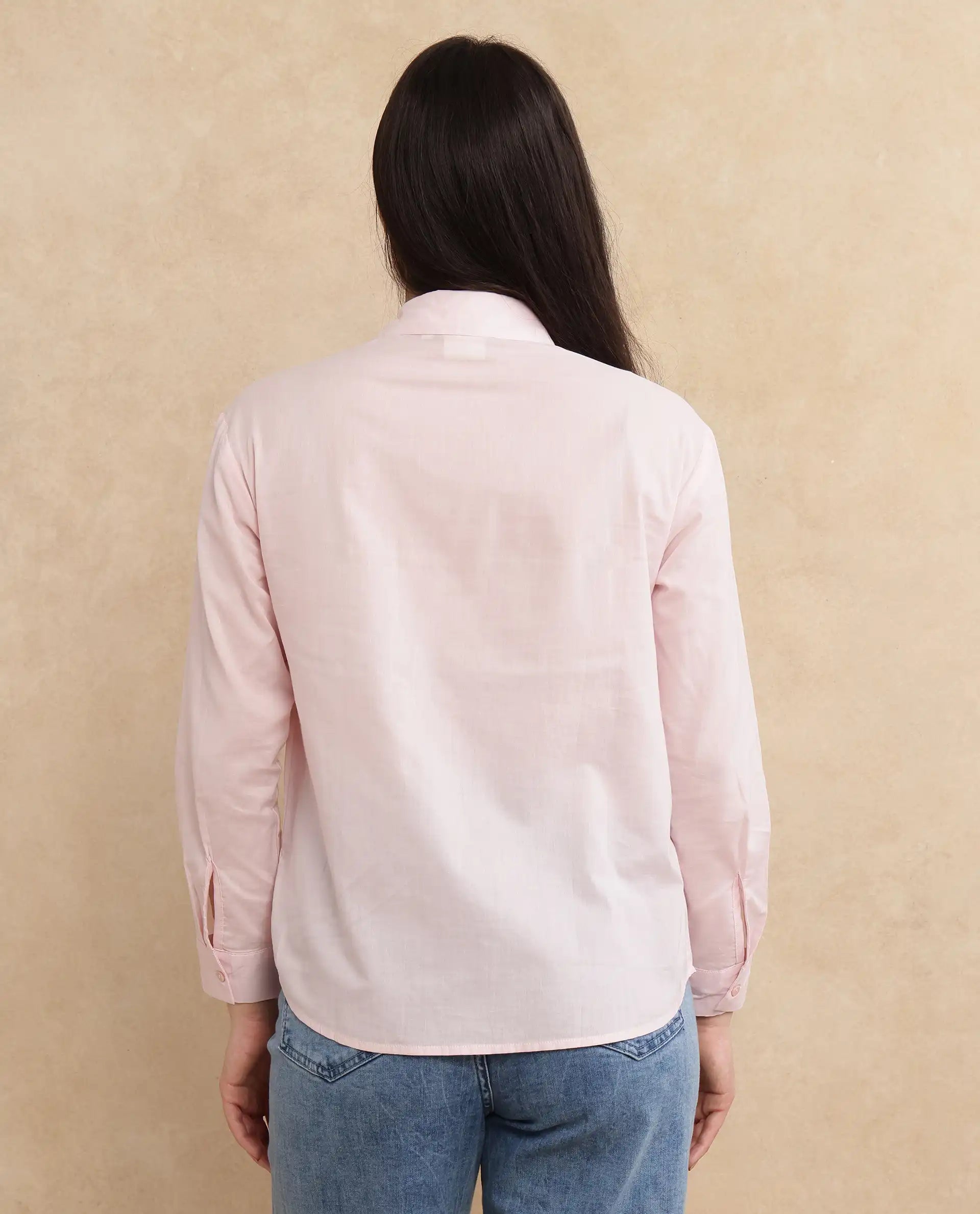 Rareism Women Towol Light Pink Cuffed Sleeve Collared Neck Button Closure Plain Top