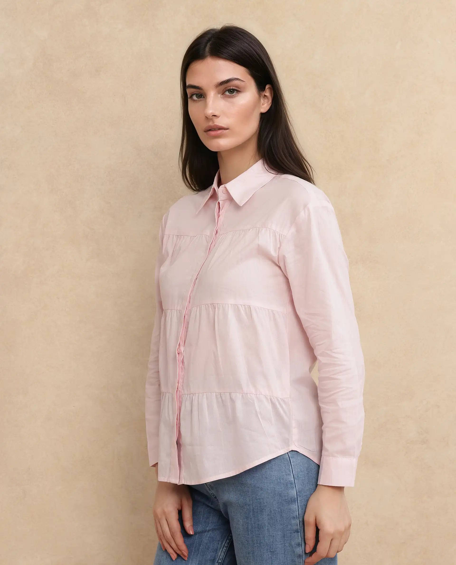 Rareism Women Towol Light Pink Cuffed Sleeve Collared Neck Button Closure Plain Top