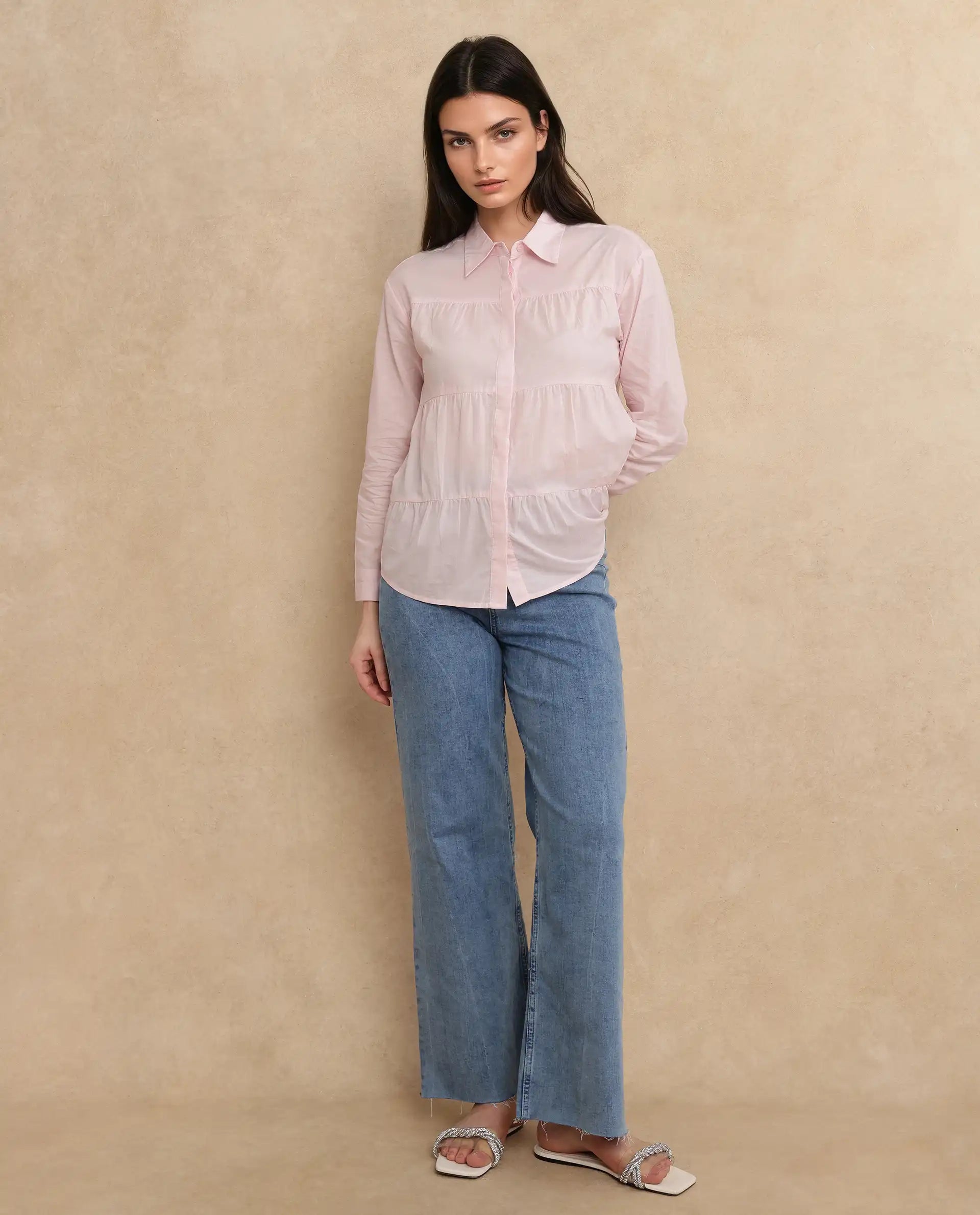 Rareism Women Towol Light Pink Cuffed Sleeve Collared Neck Button Closure Plain Top