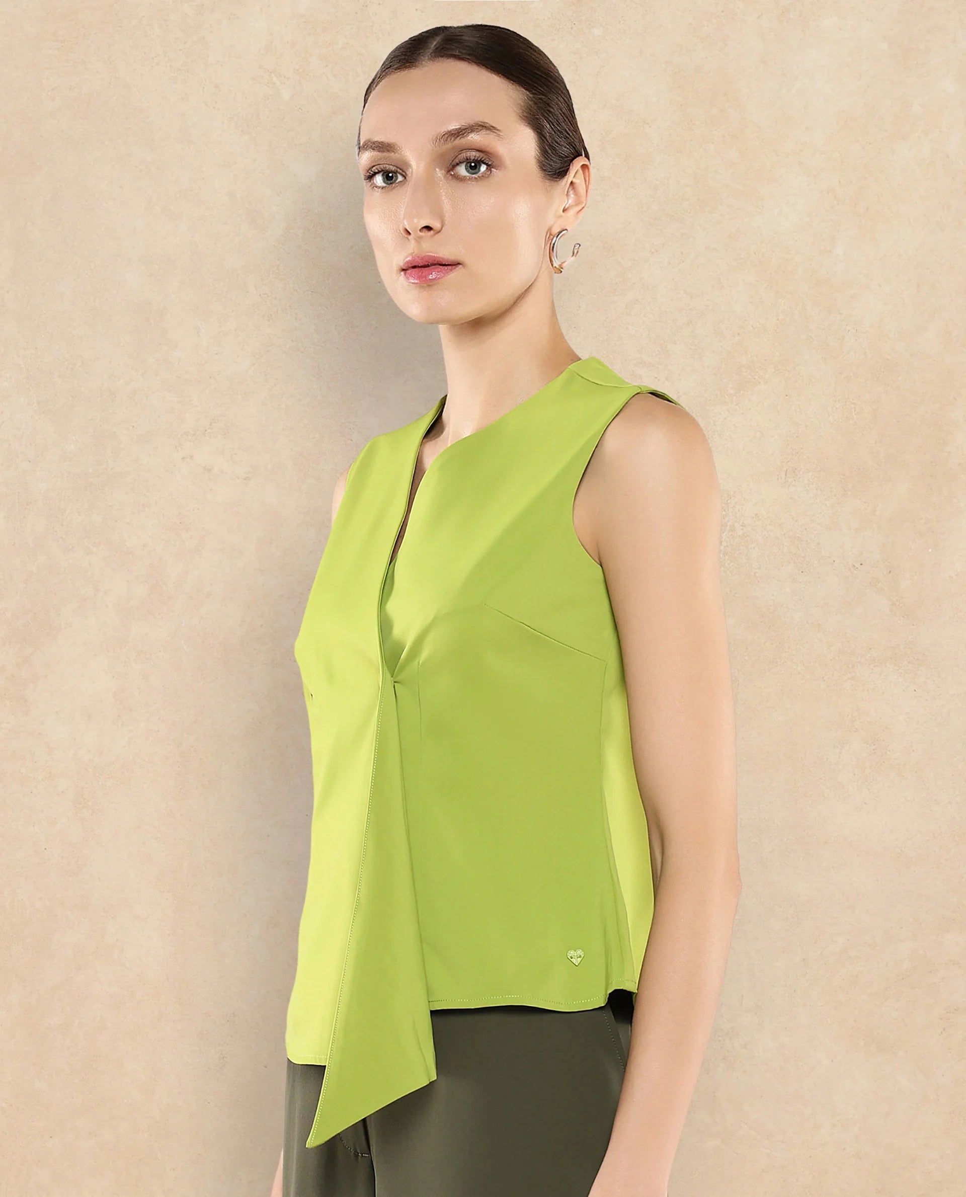 Rareism Women Tuika Flouroscent Green Satin Sleeveless Over Lap Neck Button Closure Plain Top