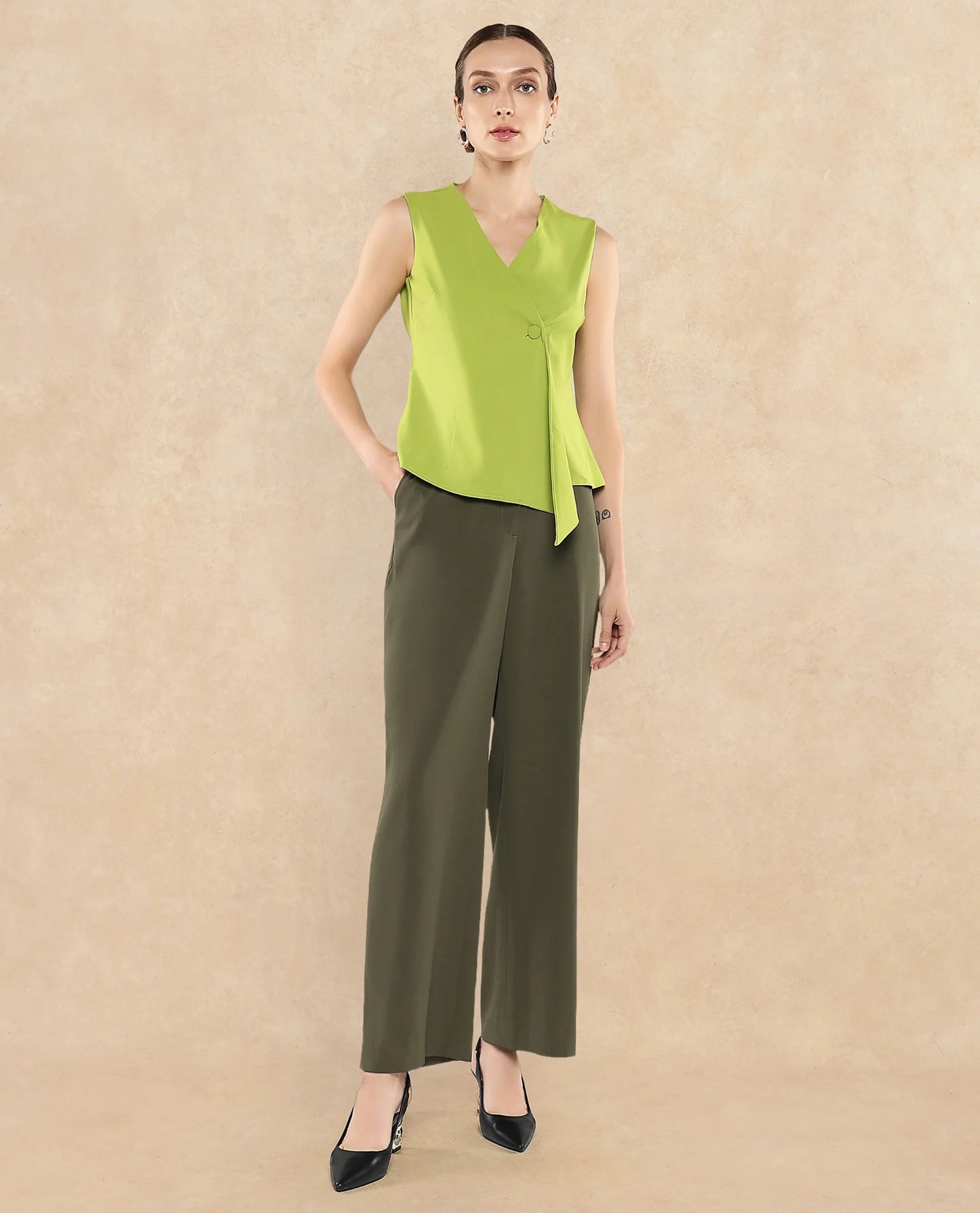 Rareism Women Tuika Flouroscent Green Satin Sleeveless Over Lap Neck Button Closure Plain Top