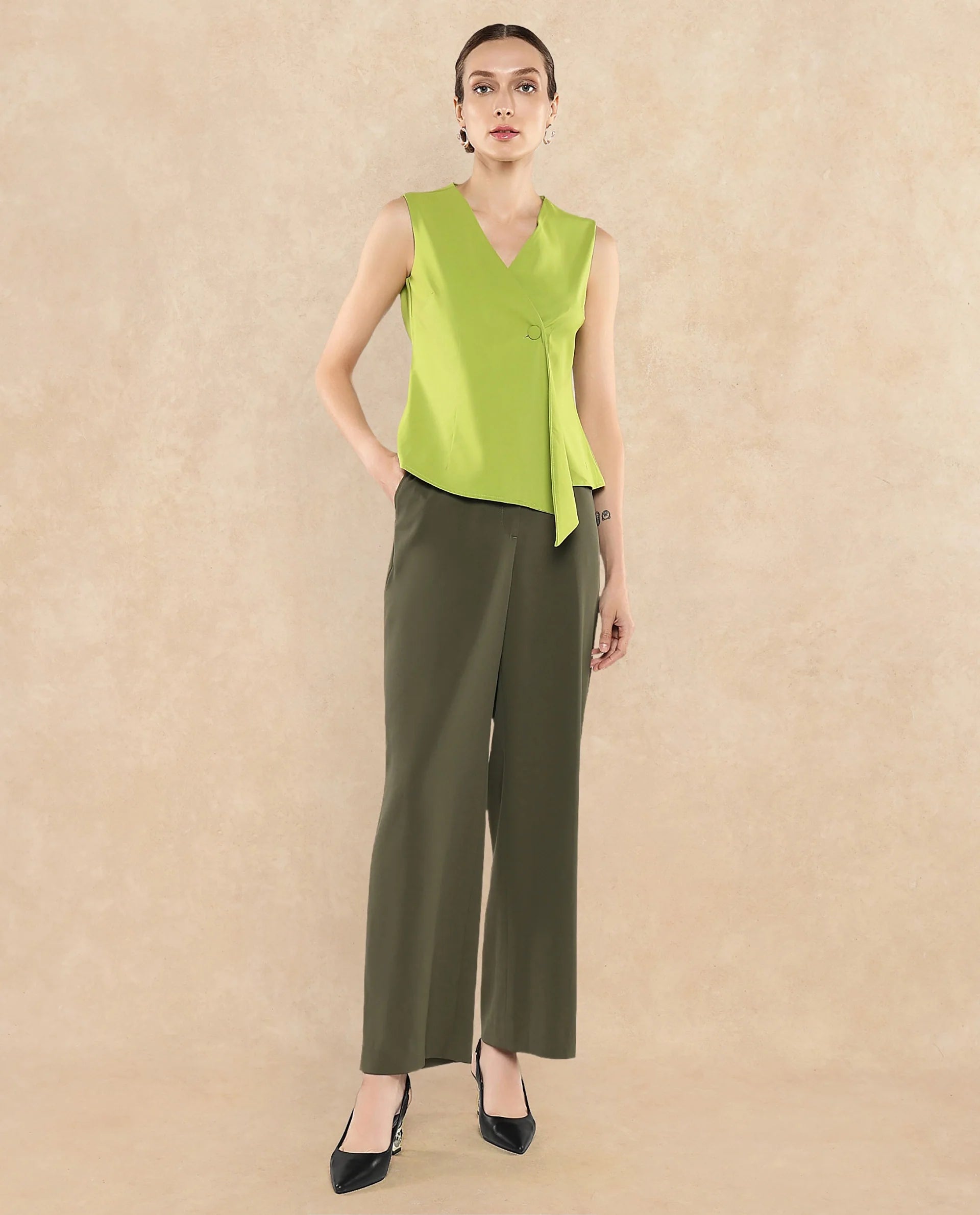 Rareism Women Tuika Flouroscent Green Satin Sleeveless Over Lap Neck Button Closure Plain Top