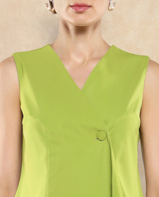 Rareism Women Tuika Flouroscent Green Satin Sleeveless Over Lap Neck Button Closure Plain Top