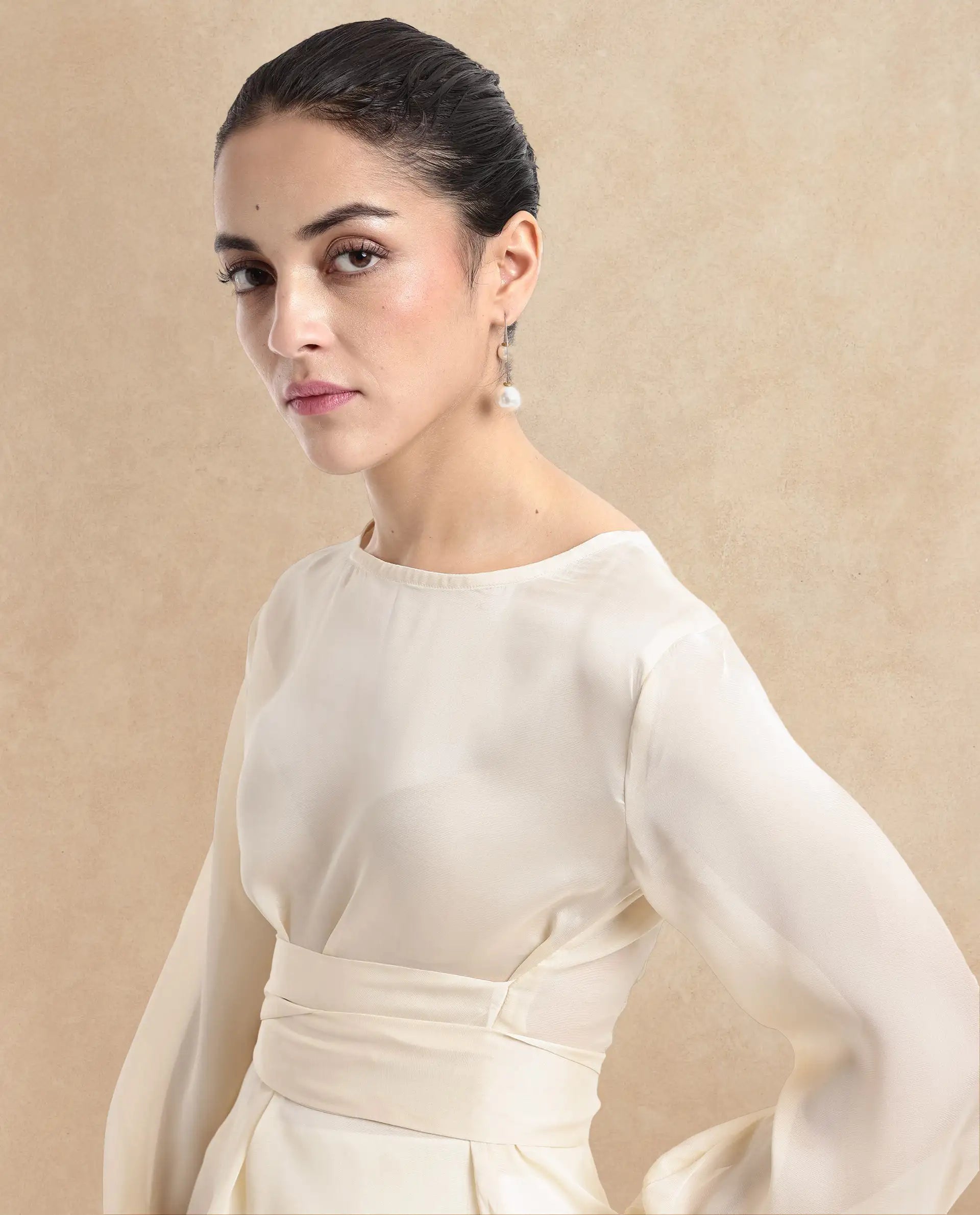 Rareism Women Turin Beige Mandarin Collar Button Closure Plain Top