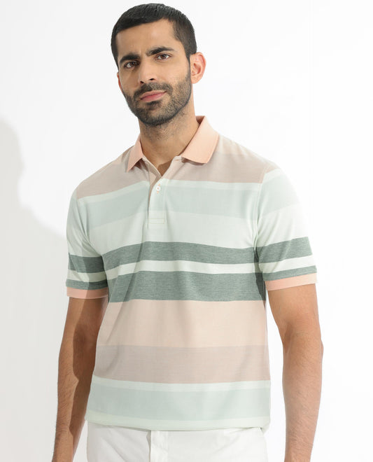 Rare Rabbit Men's Trenz Green Cotton Fabric Collared Neck Half Sleeves Striped Polo T-Shirt