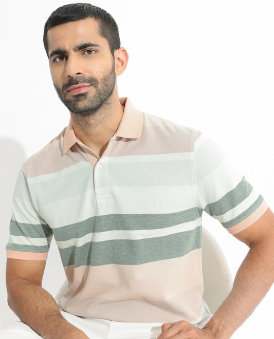 Rare Rabbit Men's Trenz Green Cotton Fabric Collared Neck Half Sleeves Striped Polo T-Shirt