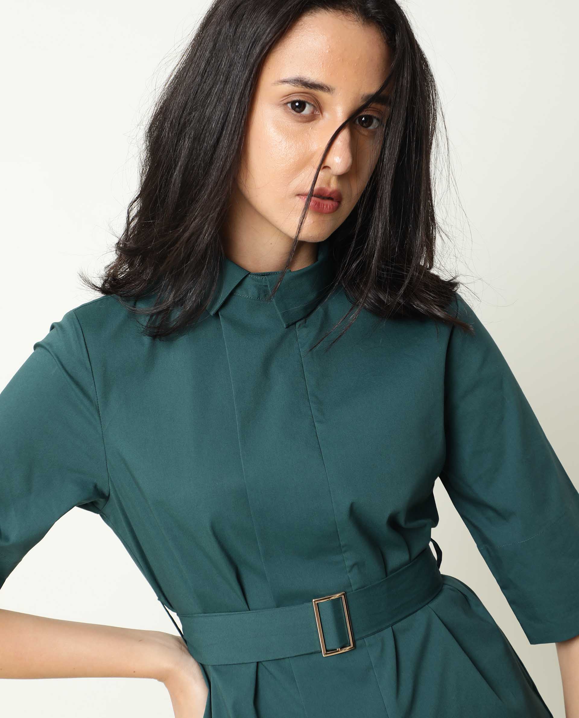 Rareism Women Cisco Dusky Green Cotton Lycra Fabric Short Sleeves Shirt Collar Regular Fit Plain Knee Length Top