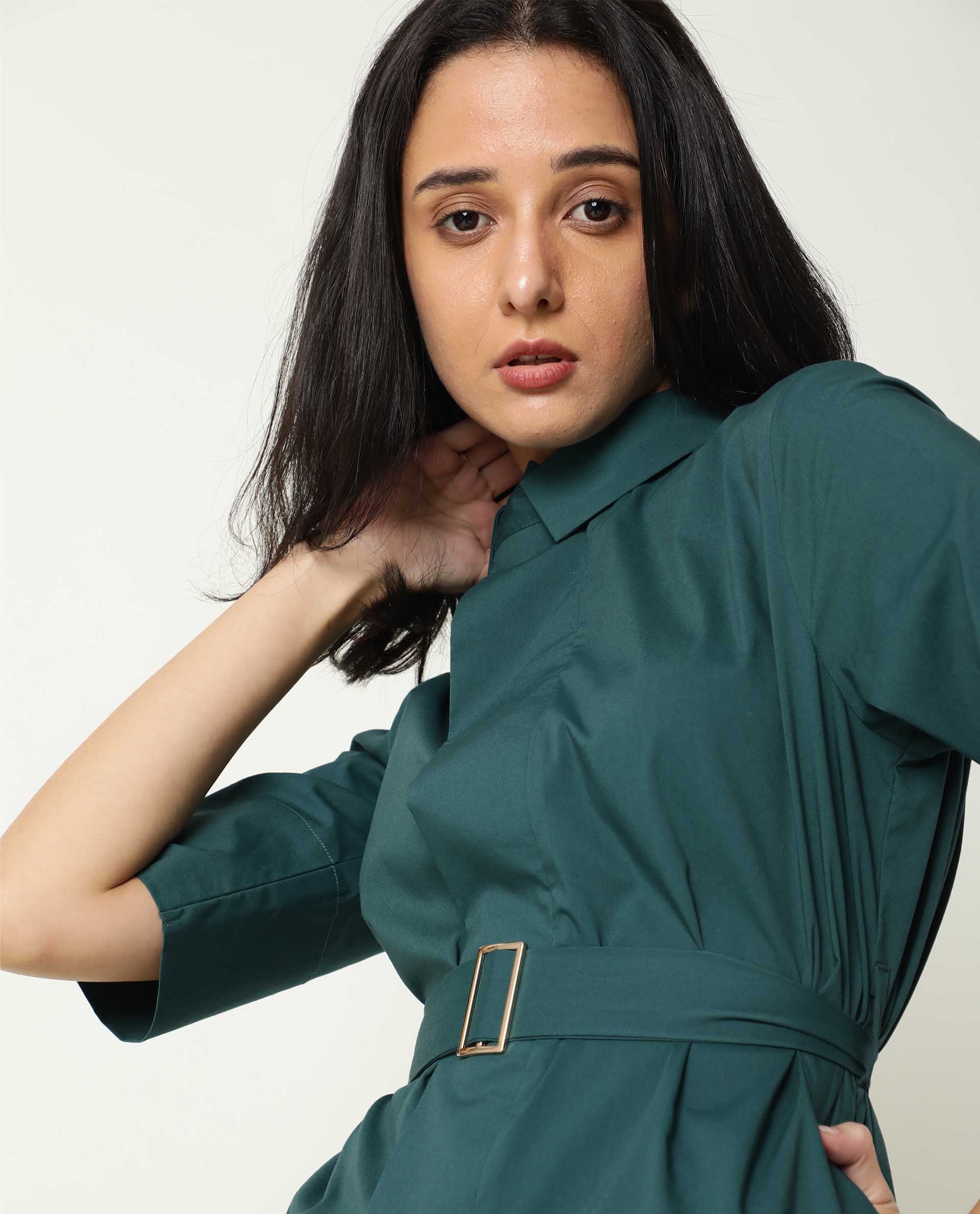 Rareism Women Cisco Dusky Green Cotton Lycra Fabric Short Sleeves Shirt Collar Regular Fit Plain Knee Length Top