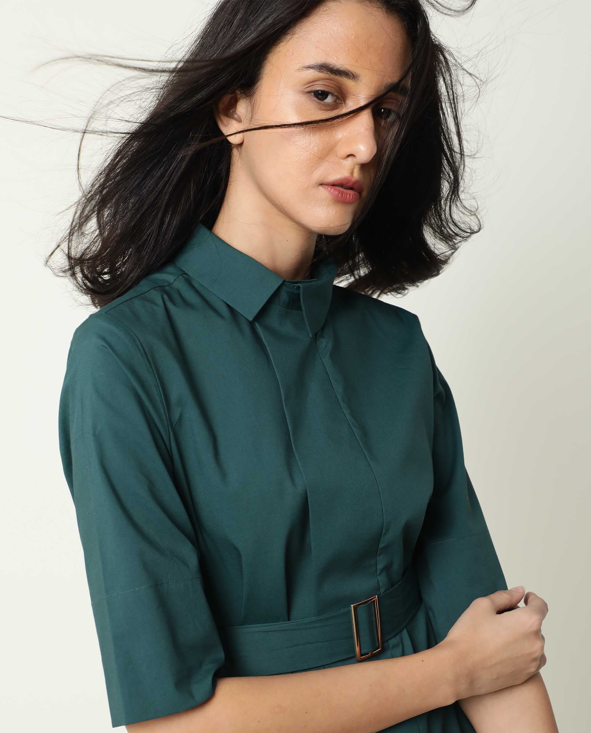 Rareism Women Cisco Dusky Green Cotton Lycra Fabric Short Sleeves Shirt Collar Regular Fit Plain Knee Length Top