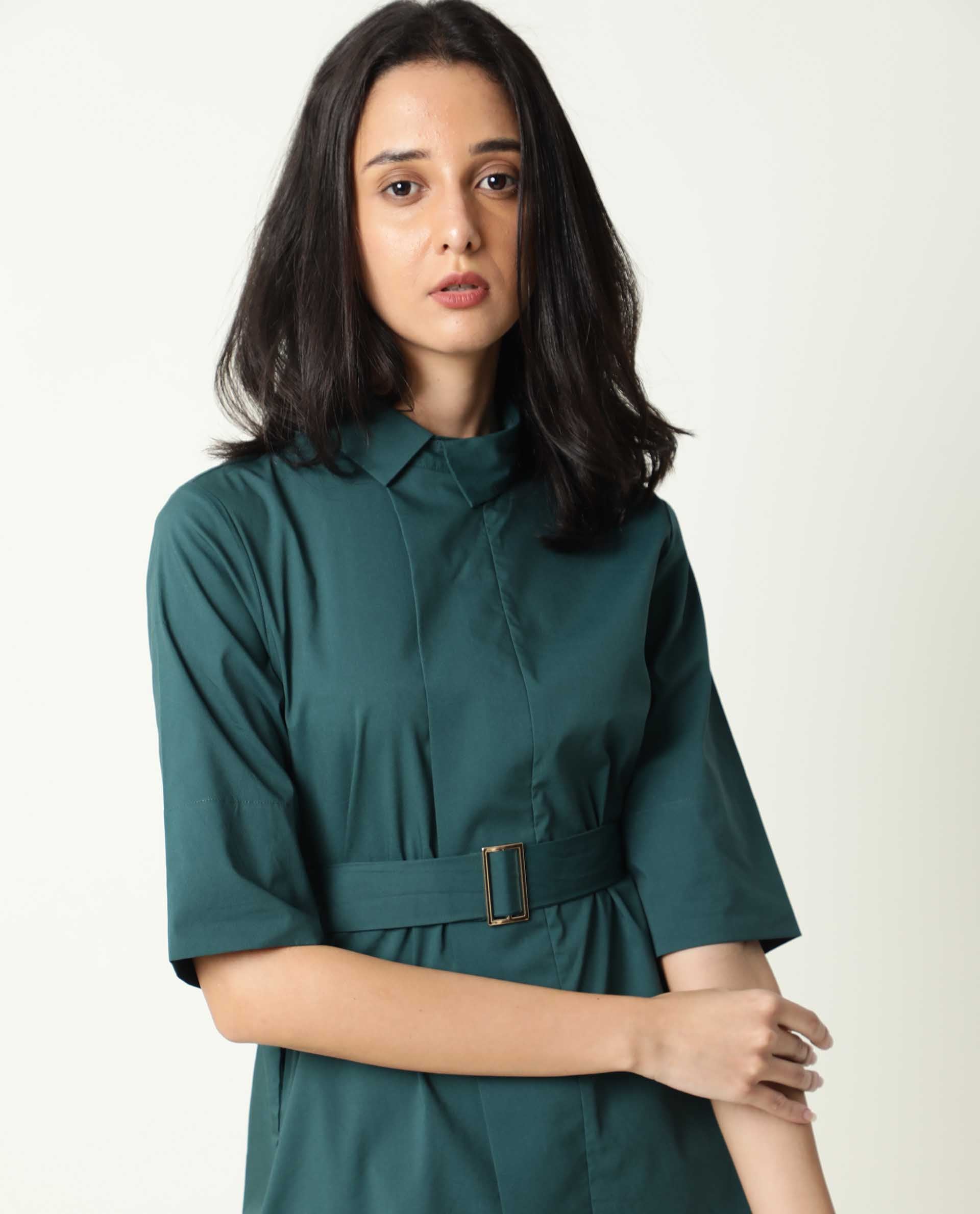 Rareism Women Cisco Dusky Green Cotton Lycra Fabric Short Sleeves Shirt Collar Regular Fit Plain Knee Length Top
