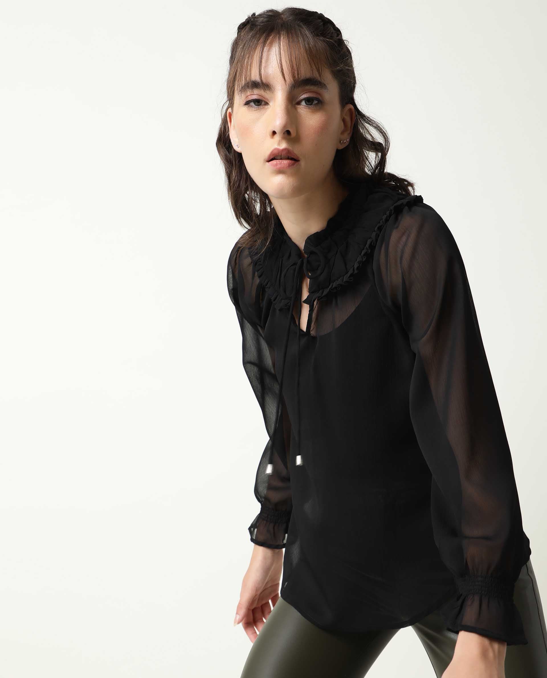 Rareism Women Pesto Black Viscose Fabric Tailored Fit Tie-Up Neck Full Sleeves Solid Top