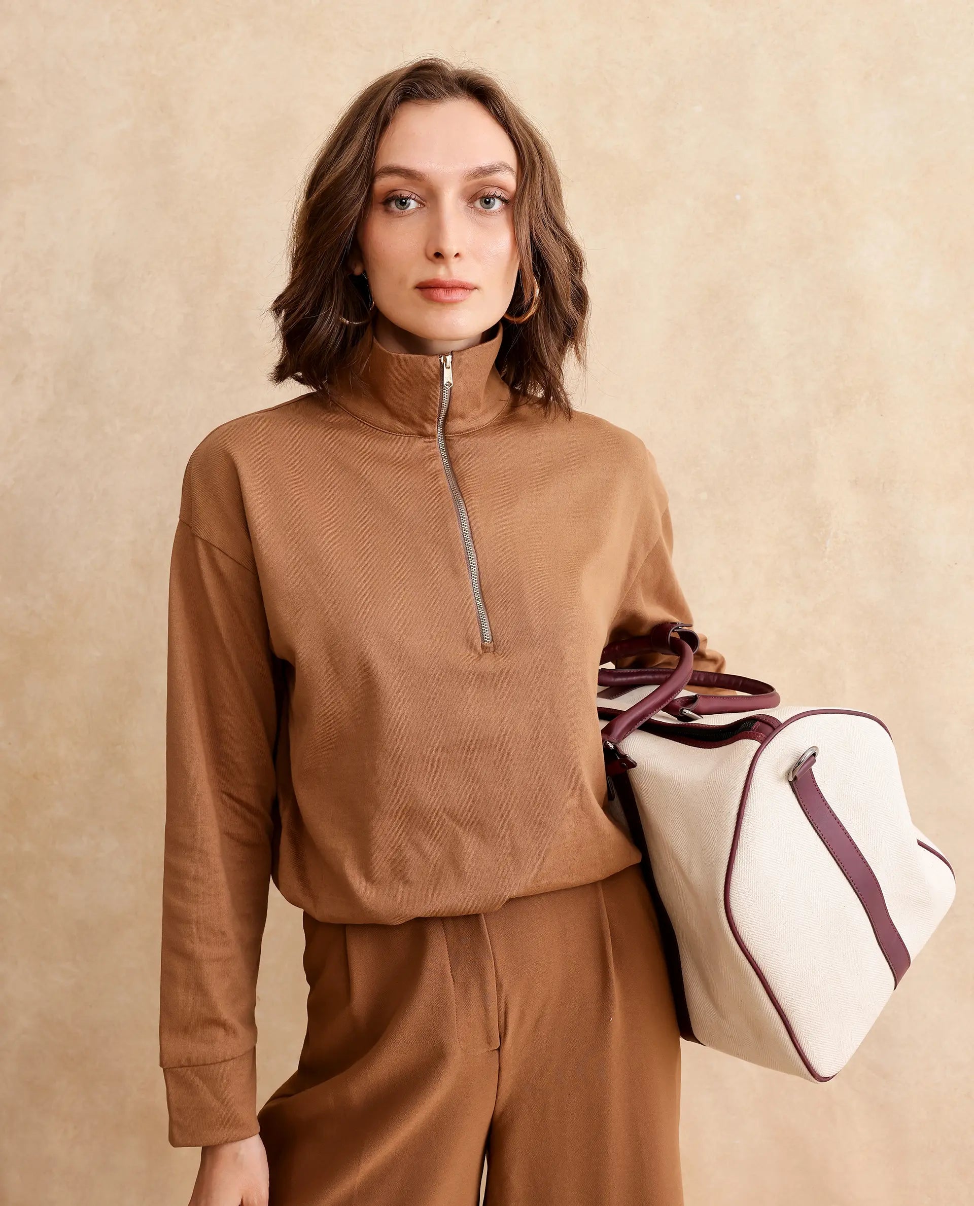 Rareism Women Velma Dark Beige Full Sleeve Collared Neck Zipper Closure Relaxed Fit Cropped Plain Top