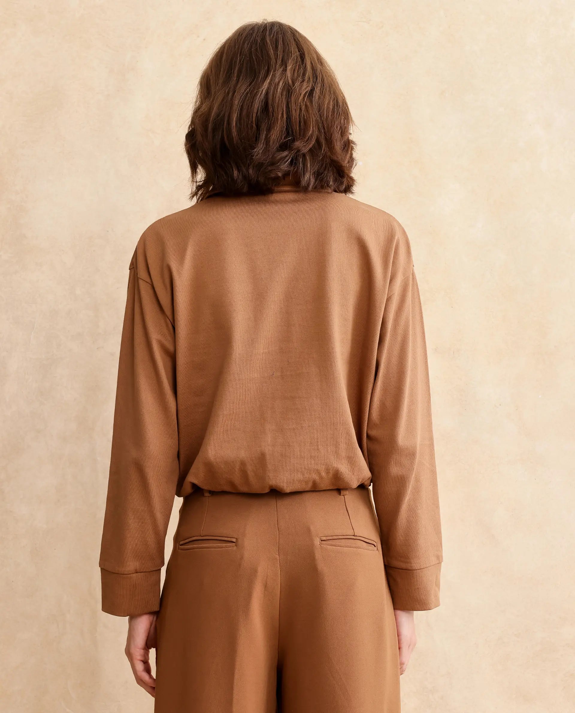 Rareism Women Velma Dark Beige Full Sleeve Collared Neck Zipper Closure Relaxed Fit Cropped Plain Top