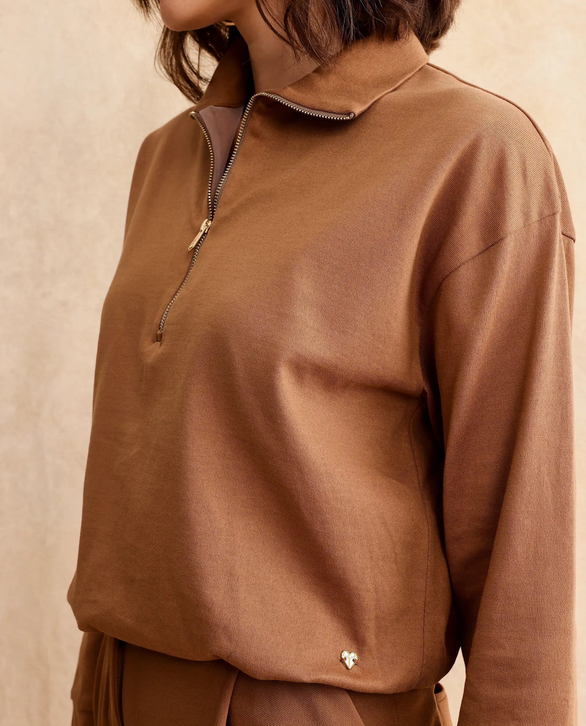 Rareism Women Velma Dark Beige Full Sleeve Collared Neck Zipper Closure Relaxed Fit Cropped Plain Top