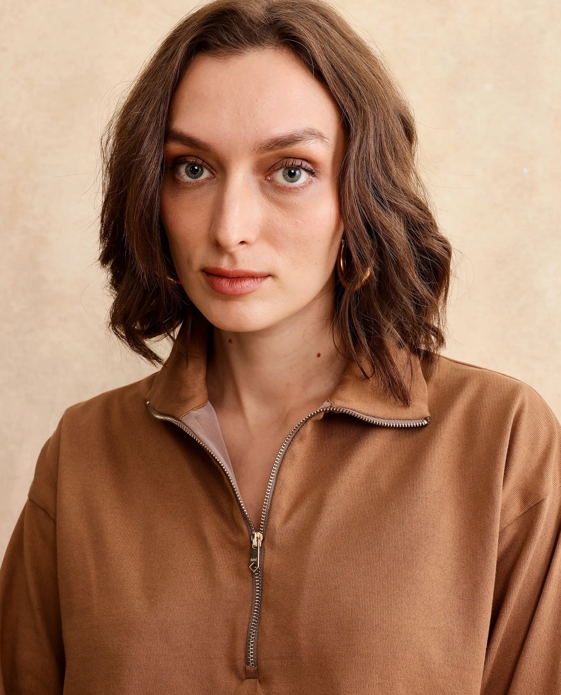 Rareism Women Velma Dark Beige Full Sleeve Collared Neck Zipper Closure Relaxed Fit Cropped Plain Top