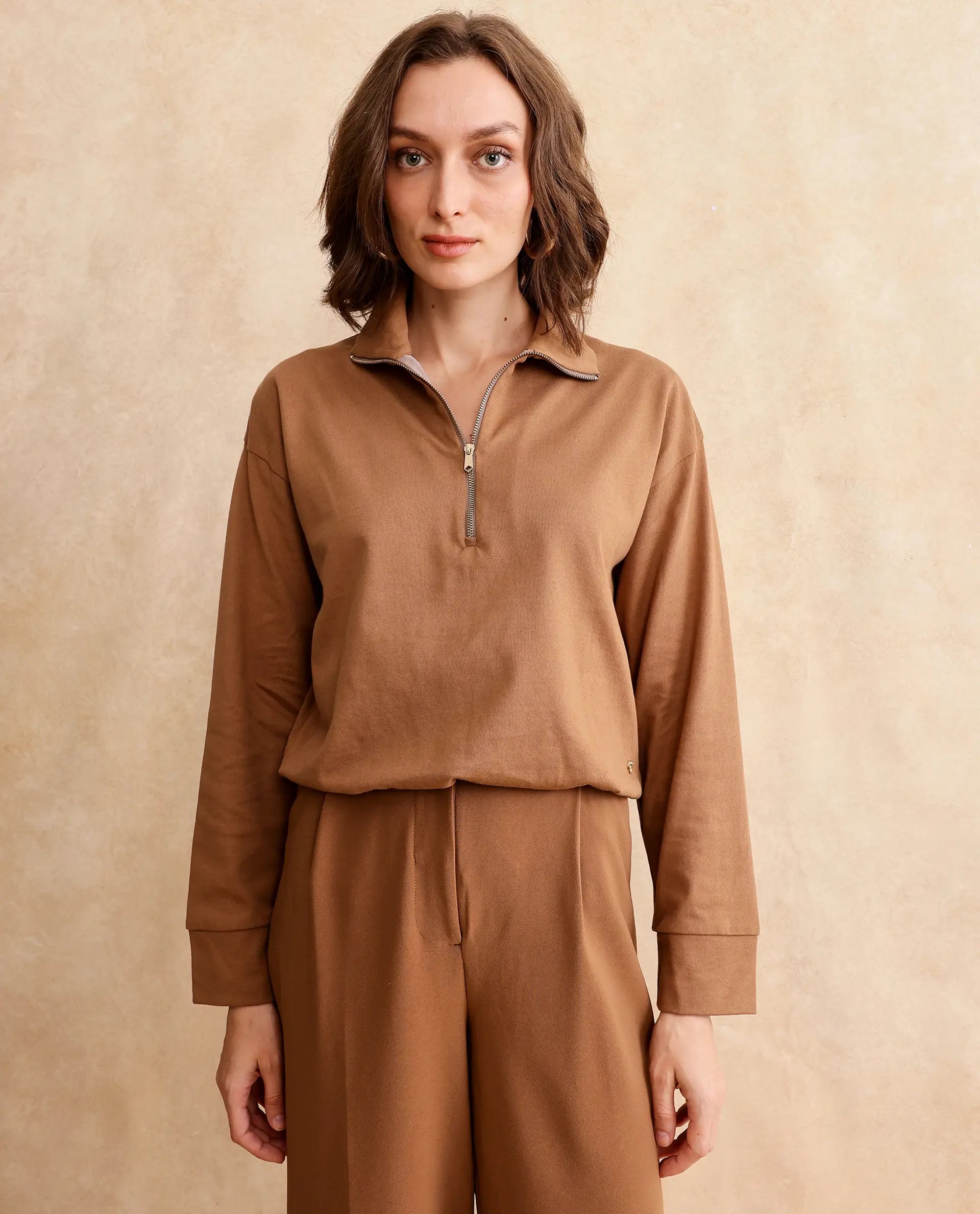 Rareism Women Velma Dark Beige Full Sleeve Collared Neck Zipper Closure Relaxed Fit Cropped Plain Top