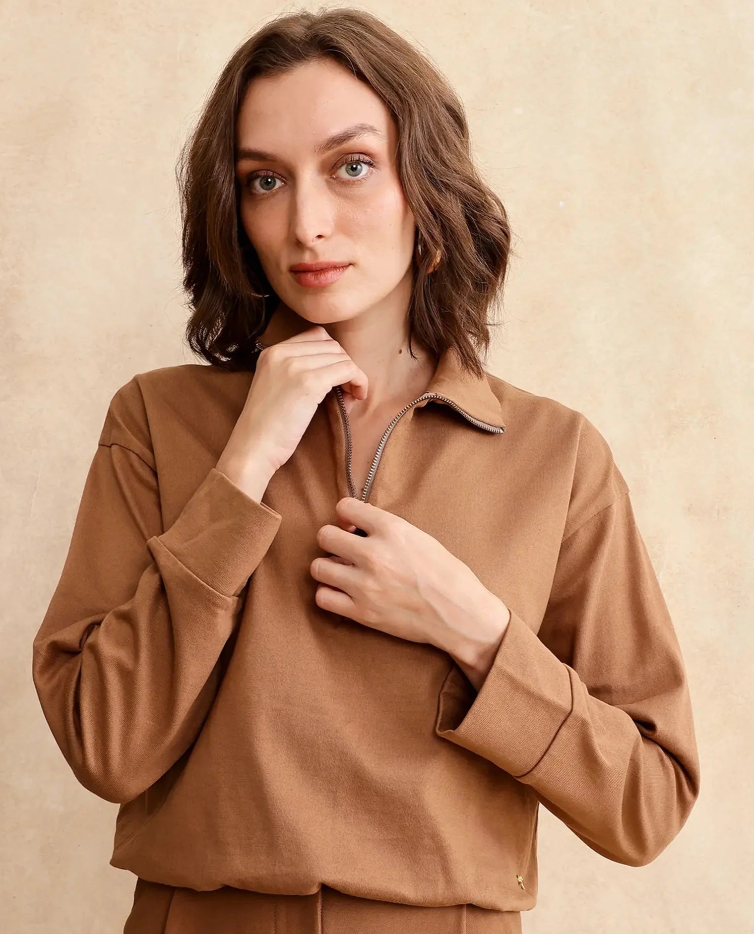 Rareism Women Velma Dark Beige Full Sleeve Collared Neck Zipper Closure Relaxed Fit Cropped Plain Top