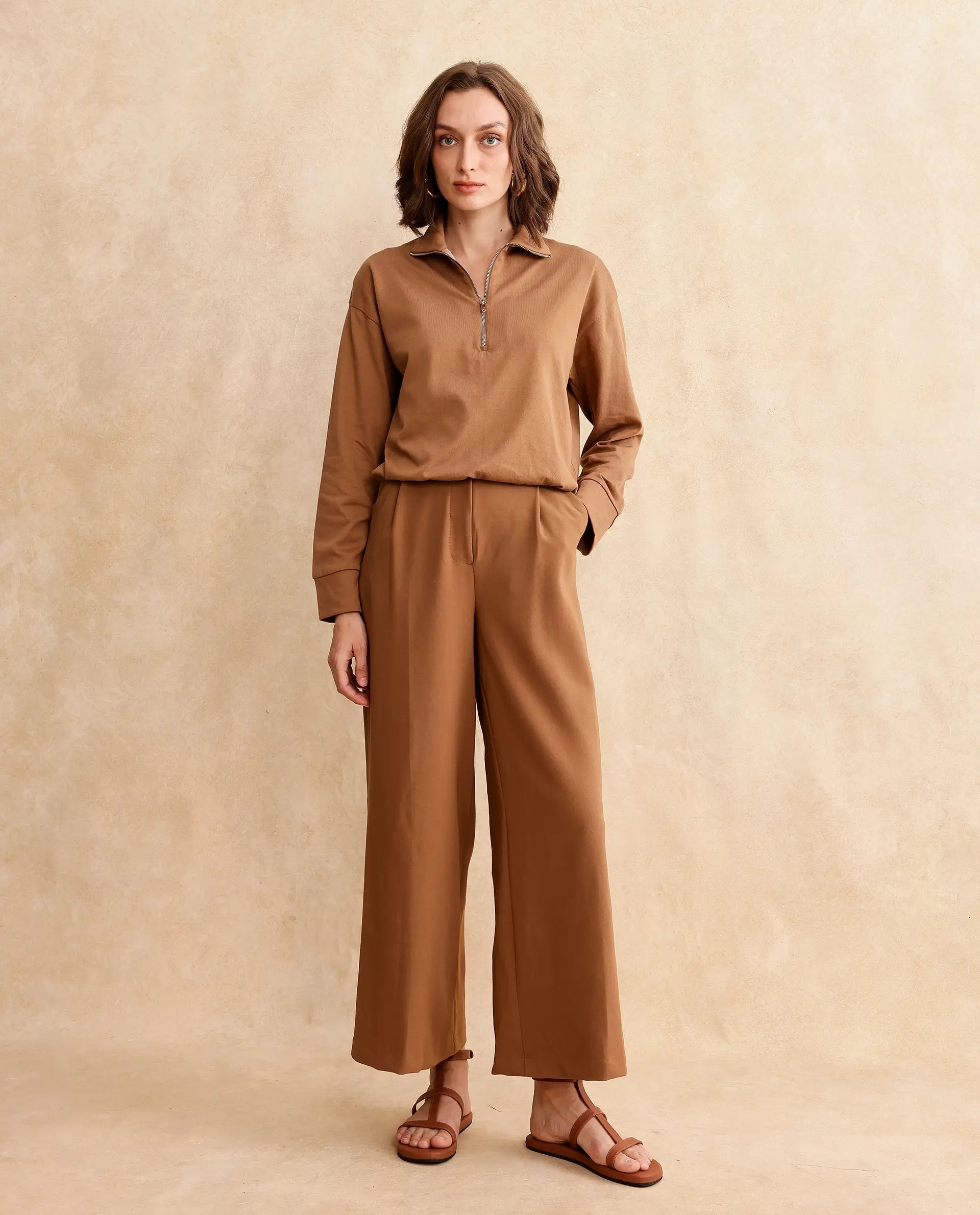 Rareism Women Velma Dark Beige Full Sleeve Collared Neck Zipper Closure Relaxed Fit Cropped Plain Top