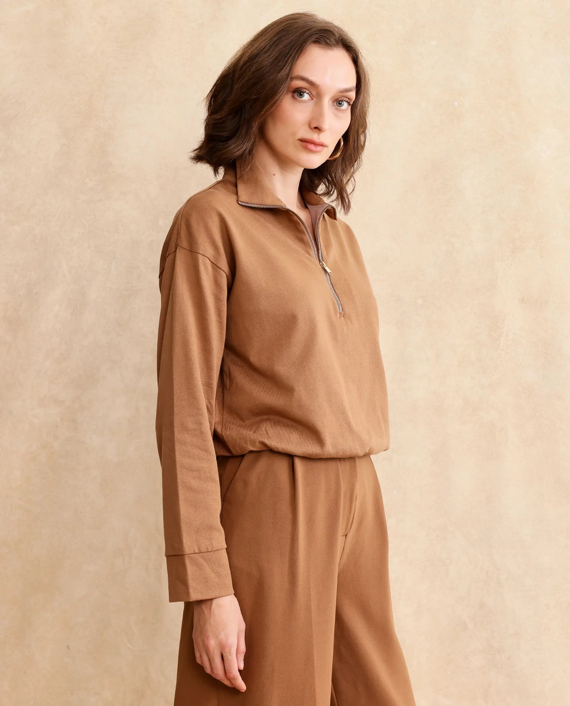 Rareism Women Velma Dark Beige Full Sleeve Collared Neck Zipper Closure Relaxed Fit Cropped Plain Top