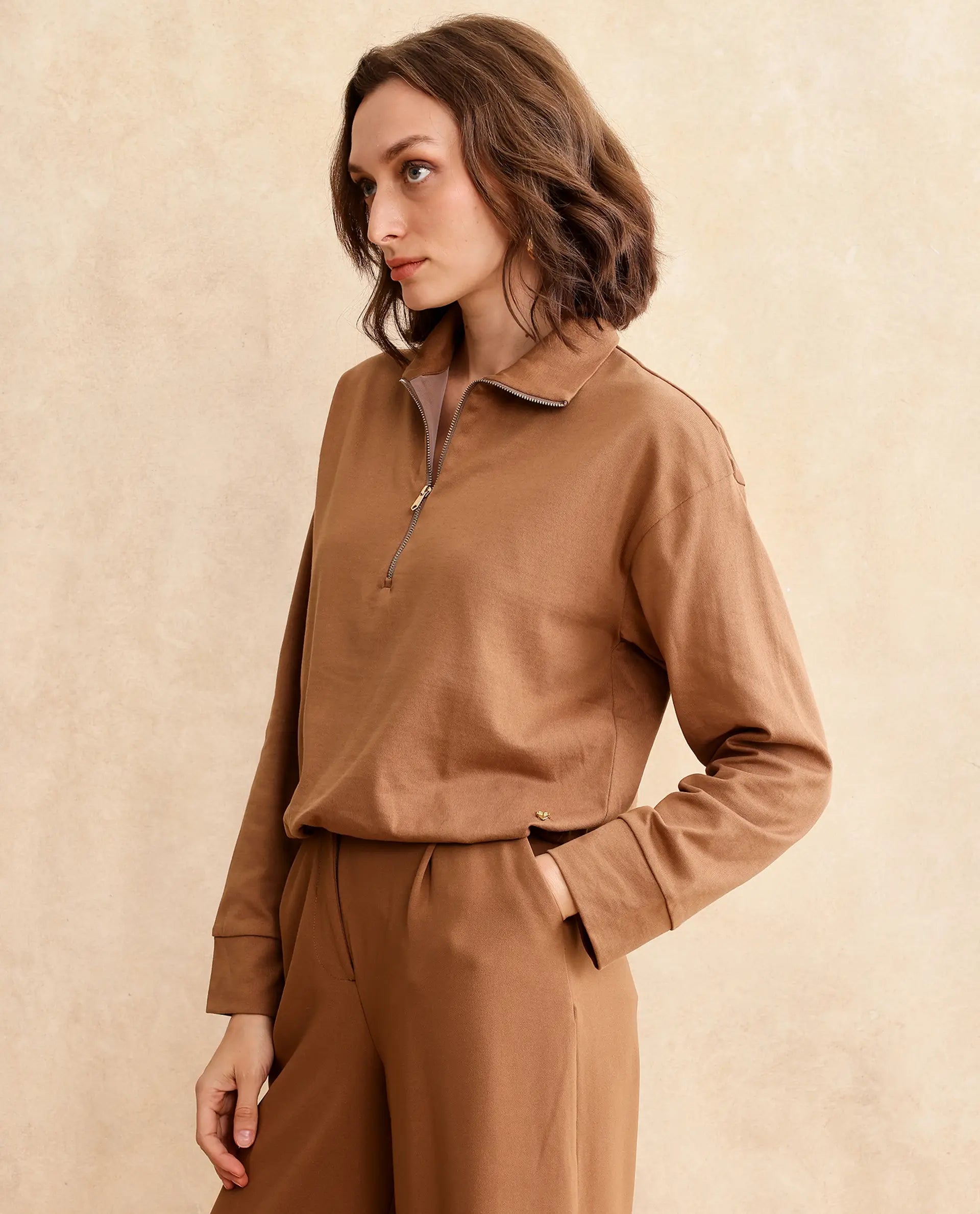 Rareism Women Velma Dark Beige Full Sleeve Collared Neck Zipper Closure Relaxed Fit Cropped Plain Top