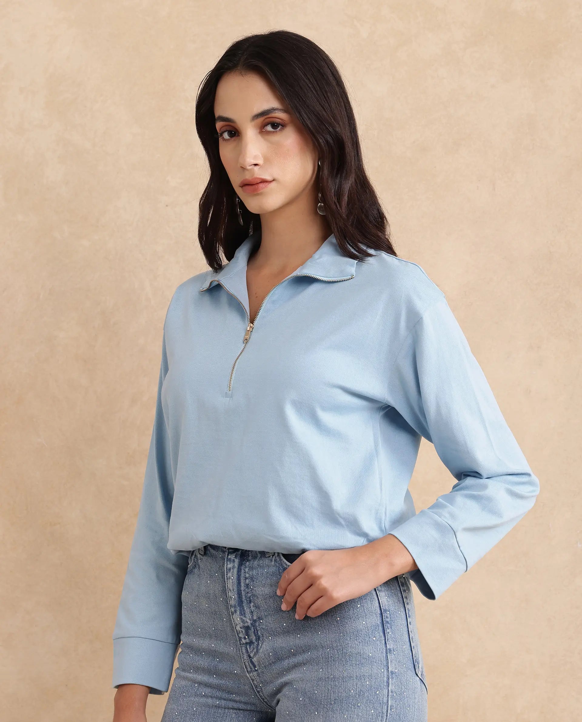 Rareism Women Velma Light Blue Full Sleeve Collared Neck Zipper Closure Relaxed Fit Cropped Plain Top