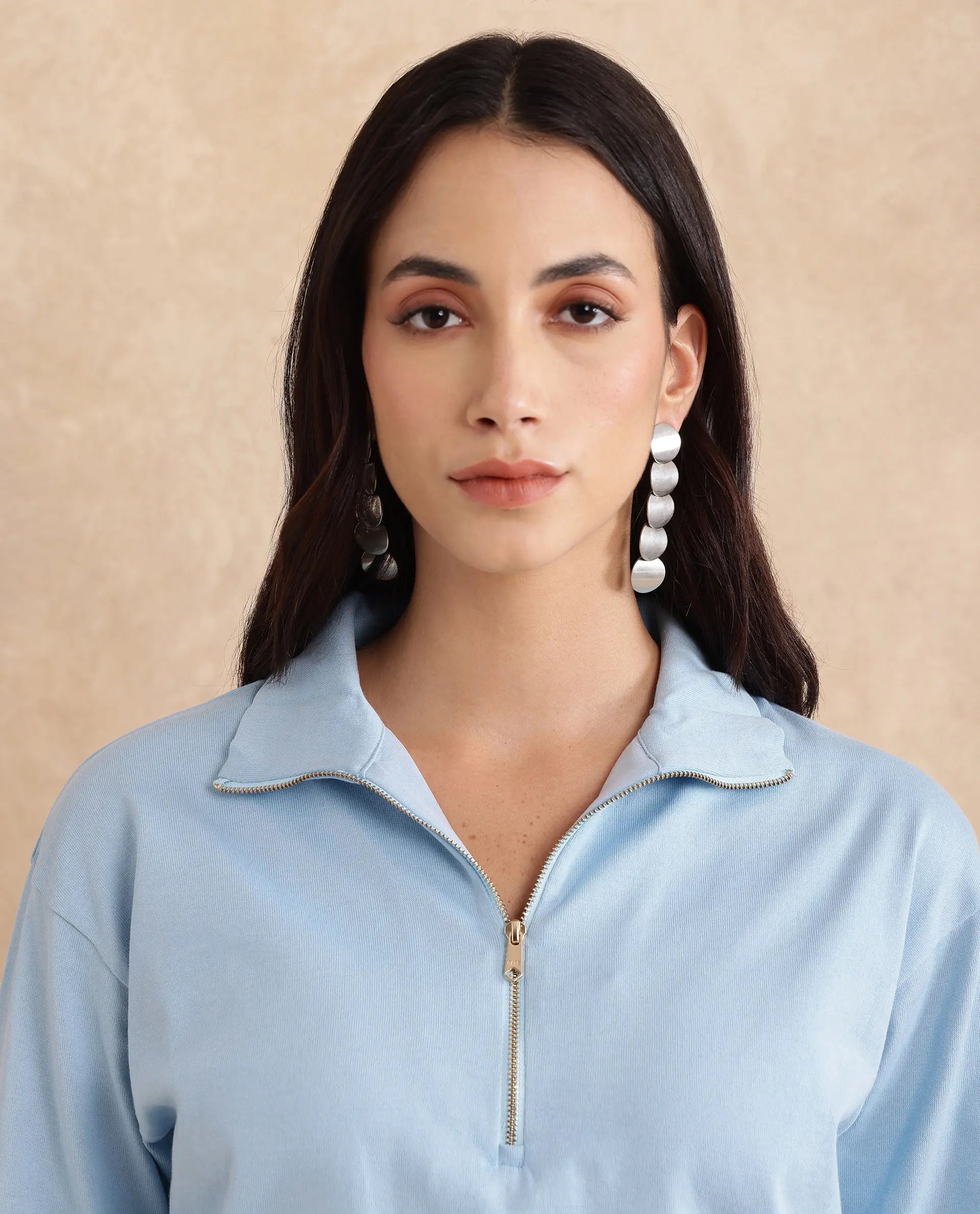 Rareism Women Velma Light Blue Full Sleeve Collared Neck Zipper Closure Relaxed Fit Cropped Plain Top