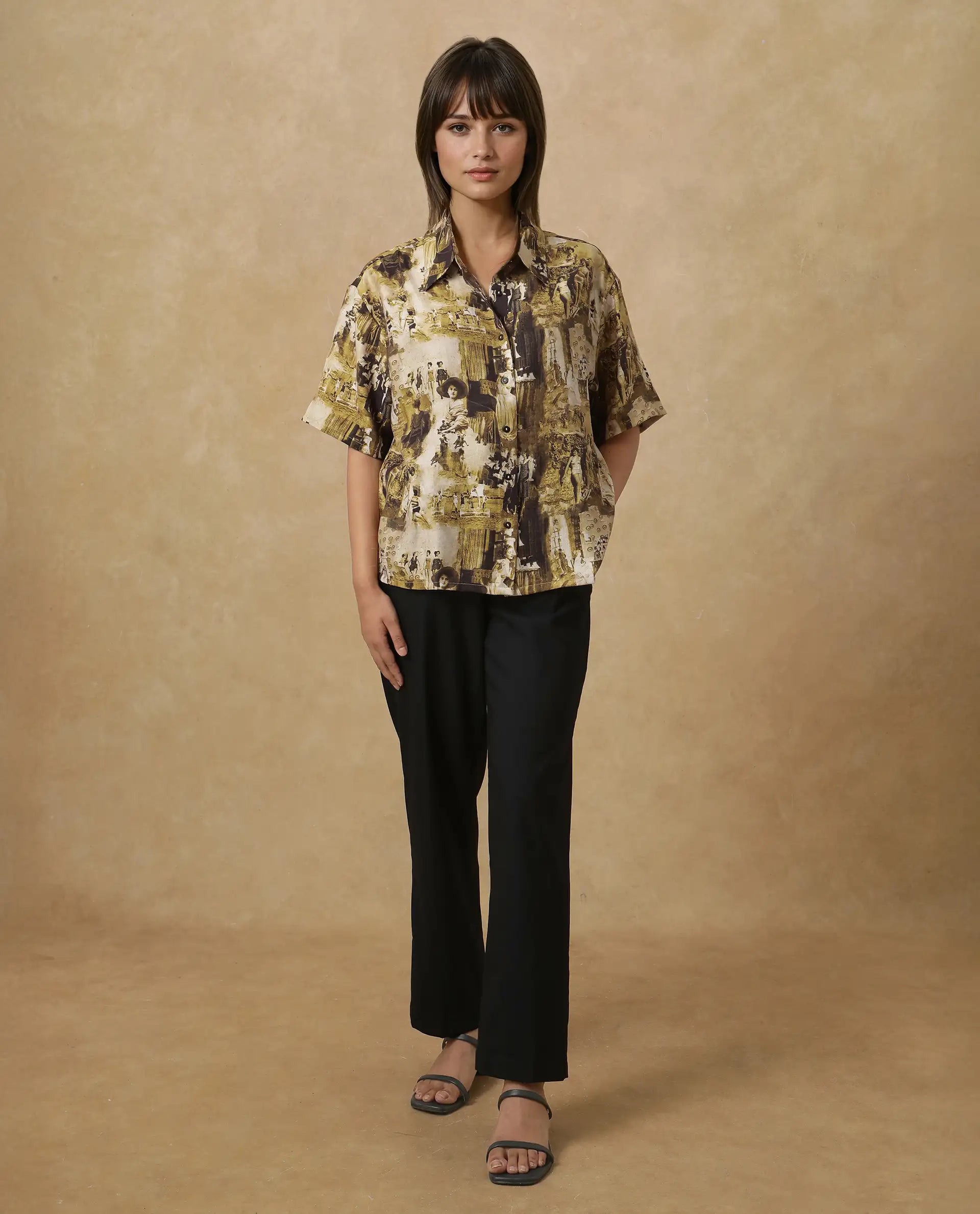 Rareism Women Victoria Multi Short Sleeve Collared Neck Button Closure Boxy Fit Object Print Top