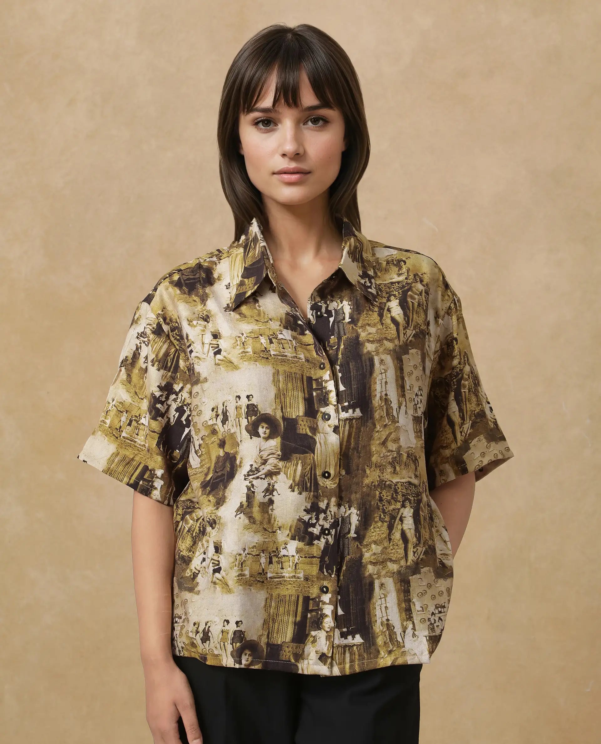 Rareism Women Victoria Multi Short Sleeve Collared Neck Button Closure Boxy Fit Object Print Top