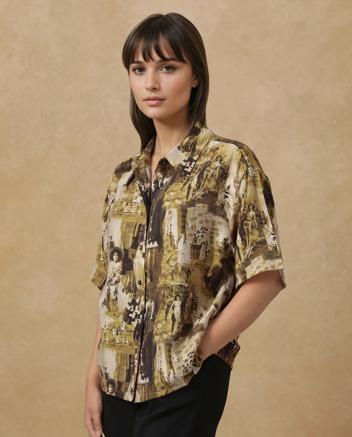 Rareism Women Victoria Multi Short Sleeve Collared Neck Button Closure Boxy Fit Object Print Top